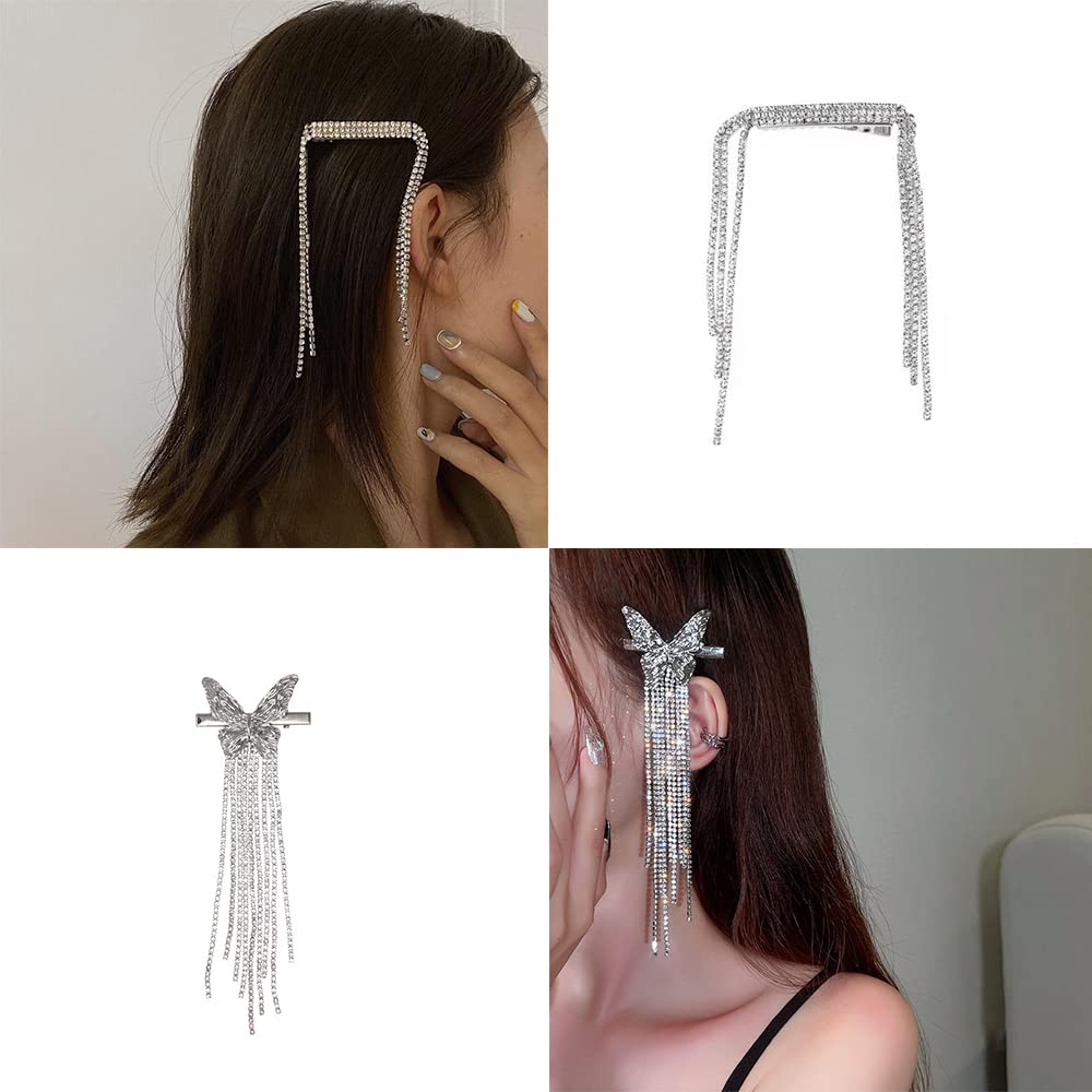 2 Pcs Rhinestone Butterfly Hair Clips - Sparkly Duckbill Hair Clips for Women & Girls, Fashionable Tassel Side Clips for Bangs & Hair Styling, Perfect for Parties, Weddings & Daily Wear