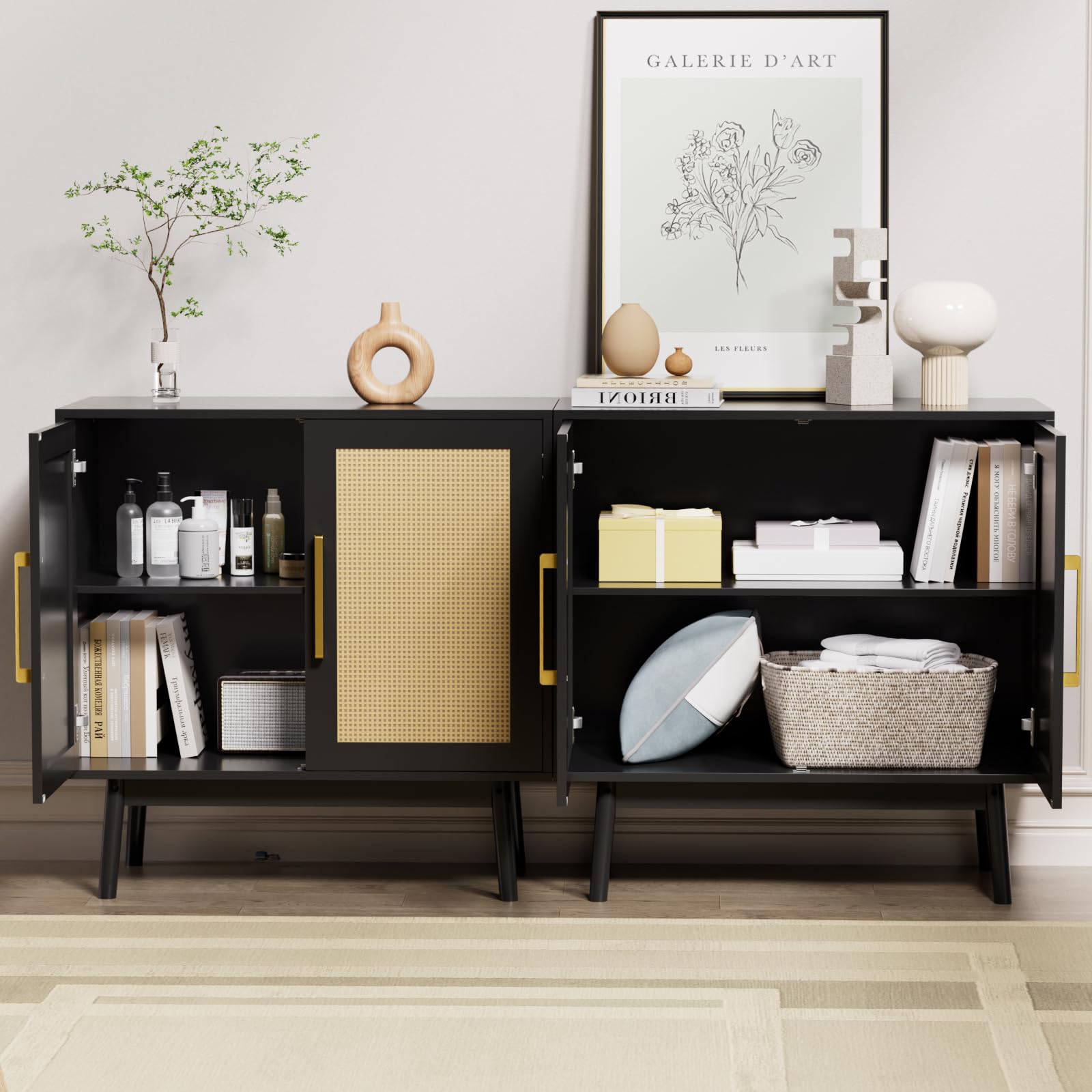 LYNSOM 2-Piece Buffet Cabinet Set with Rattan Doors & Solid Wood Feet - Stylish Sideboard Storage Cabinet for Living Room, Entryway, Hallway - Perfect for Dining Room Storage & Home Decor (Black)