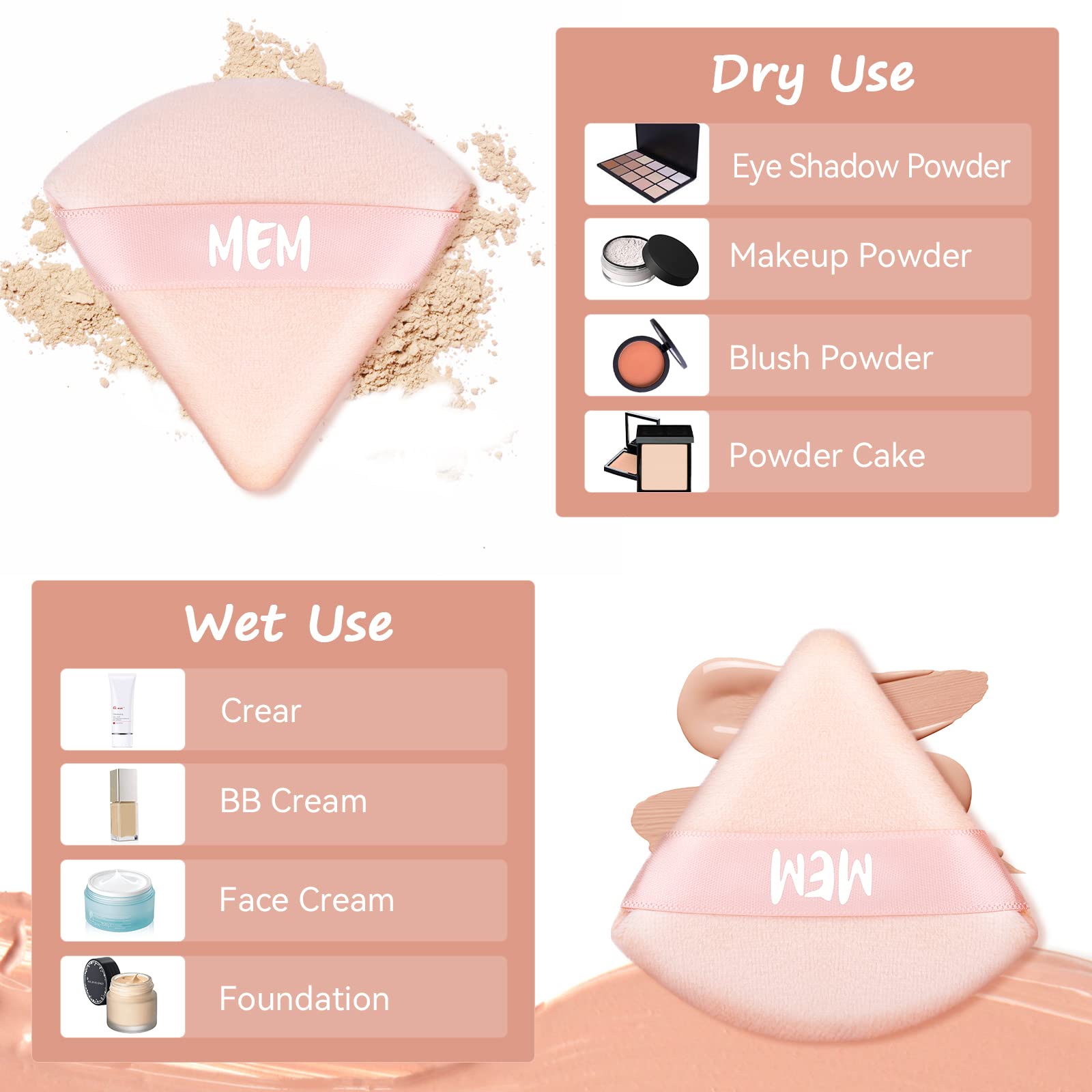 8-Piece MEM Triangle Powder Puff Set - Soft Velour Makeup Sponges for Face & Loose Powder (Wet/Dry Use) | Skin-Friendly Beauty Blenders with Satin Ribbon Handle | Perfect for On-the-Go Touchups & Professional Makeup Application