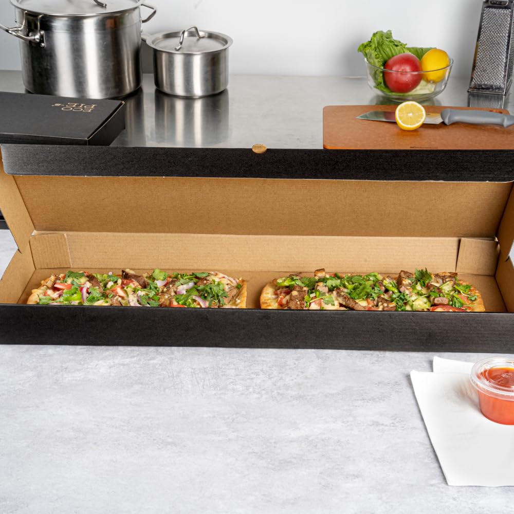Eco-Friendly 24 x 12 x 2 Inch Flatbread Takeaway Boxes - 50 Pack Sturdy Corrugated Pizza Boxes with E-Flute Design & Tab-Lock System | Black & Kraft Paper Disposable Food Containers for Flatbreads, Pizzas, and Catering Events