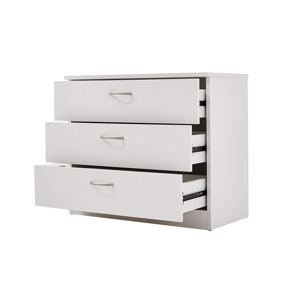 3 Drawer Wood Dresser Cabinet - White Modern Chest of Drawers for Bedroom, Hallway & Living Room - Clothing Storage Organizer Unit | Perfect for Home Organization & Space Saving