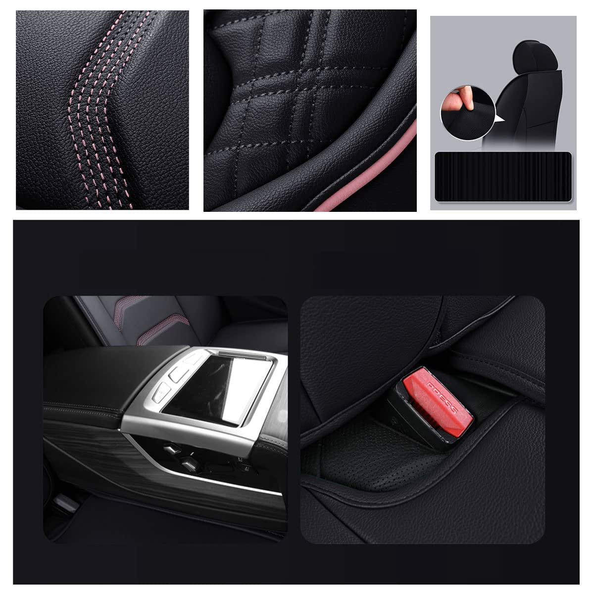 Premium Universal Leather Car Seat Covers Full Set (5 Seats) - Black & Pink - Soft Comfort & Durable Protection for SUVs, Sedans & Trucks - Perfect for Road Trips, Commuting & Family Travel