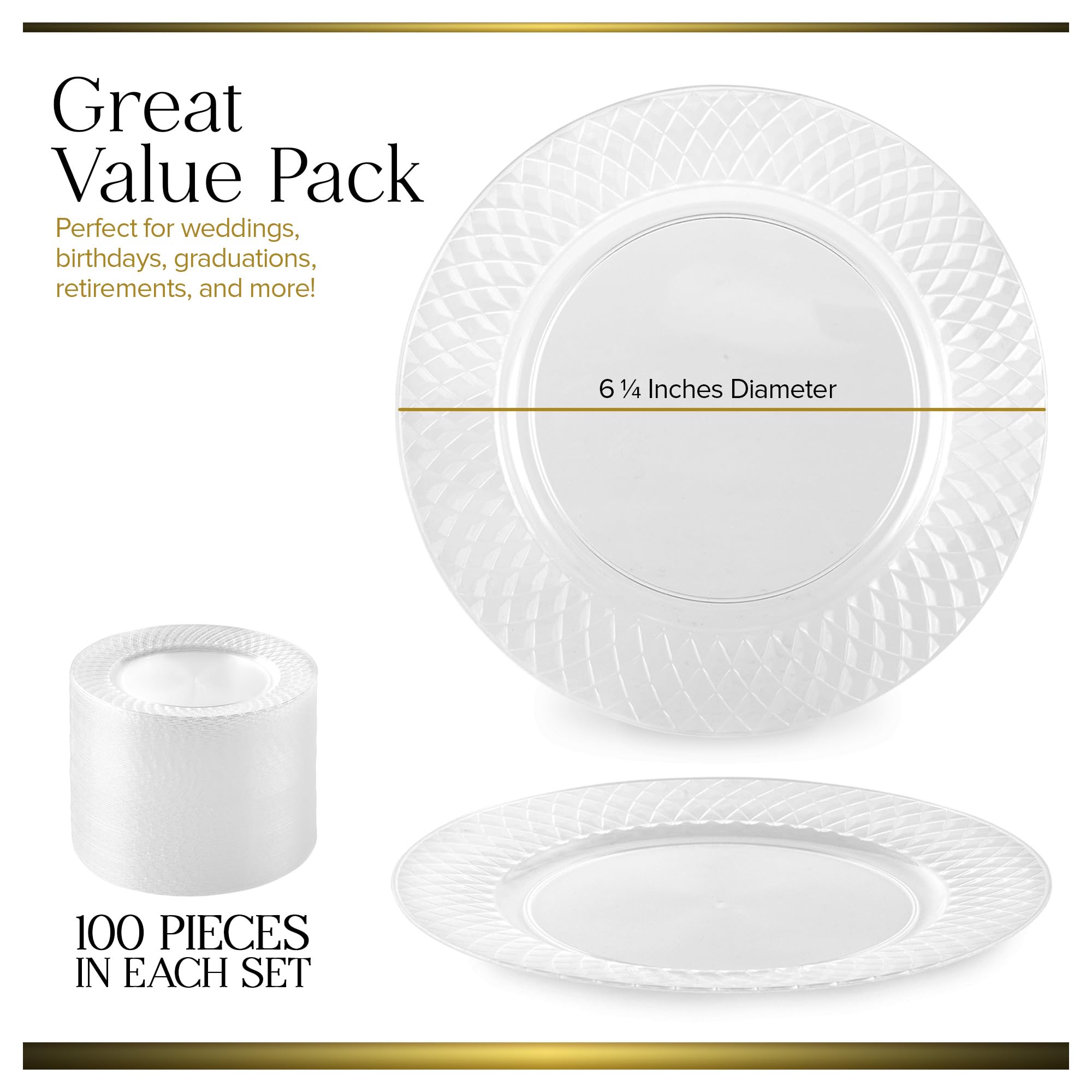 Premium Clear Plastic Dessert Plates 6 Inch - 100 Count Heavy Duty Disposable Appetizer & Party Plates - Crystal Clear Wedding Cake Plates for Holiday Parties, Birthday Celebrations & Catering Events