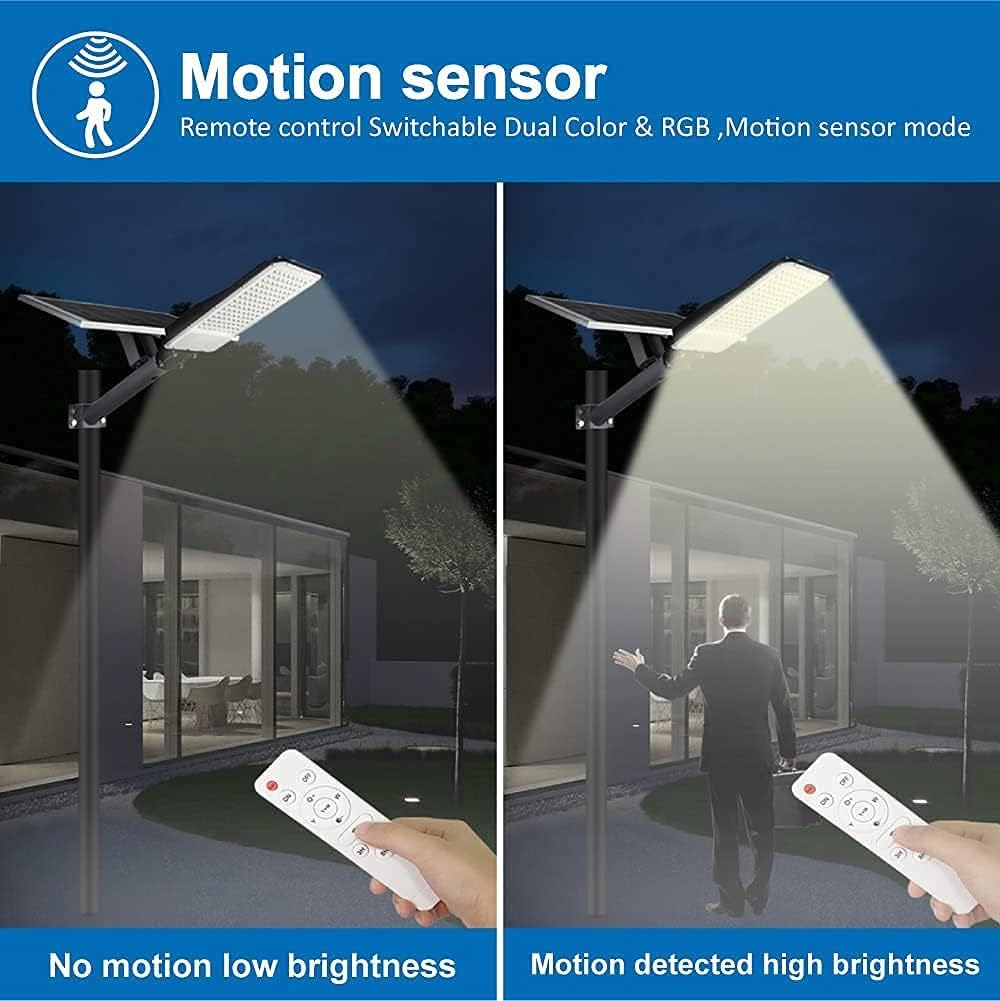 600W Solar Street Lights Outdoor Waterproof - Dusk to Dawn Security LED Motion Sensor Lights with Remote Control, Dual Color Switchable & RGB - Perfect for Yard, Garden, Street, Parking Lot Lighting