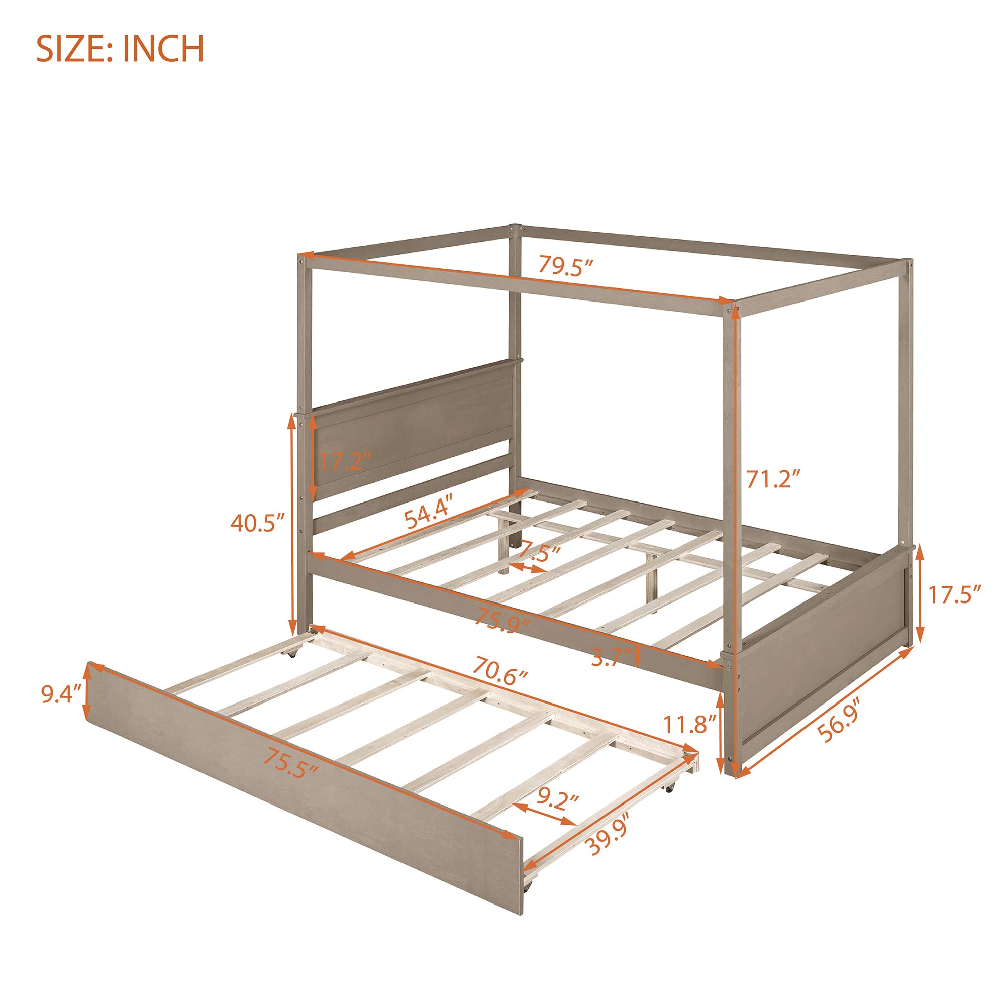 Harper & Bright Designs Full Size Canopy Platform Bed with Trundle - Solid Wood Bed Frame with 2 Nightstands, Noise Free No Box Spring Needed, Light Brown - Perfect for Small Bedrooms, Guest Rooms & Space-Saving Storage Solutions
