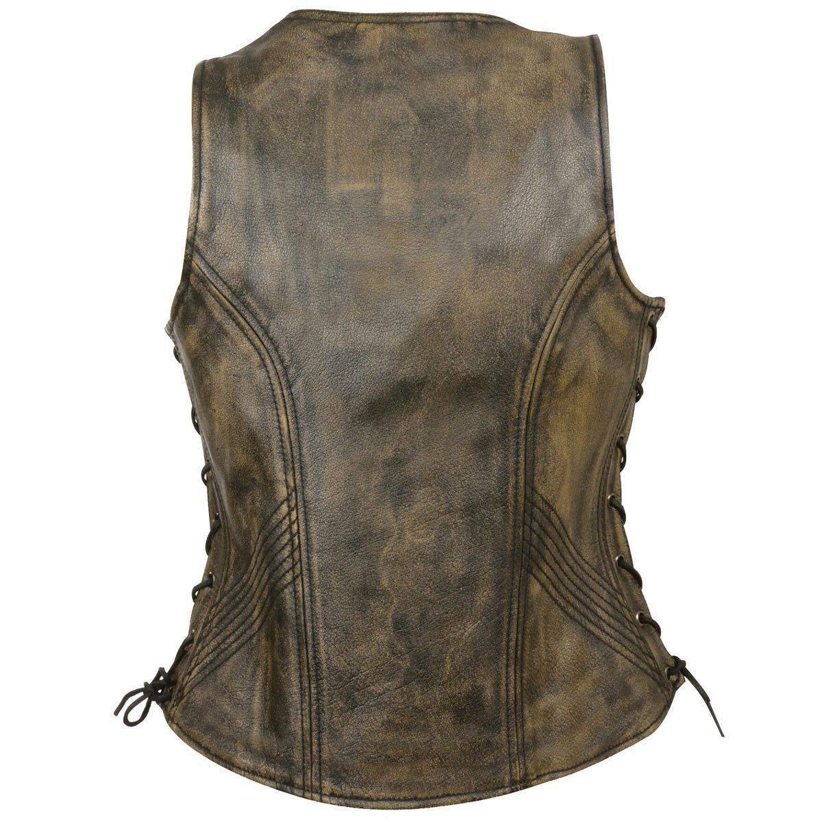 Milwaukee Leather MLL4531 Women's Brown Leather Vest - Open Neck, Side Lace Front Zipper, Concealed Gun Pockets | Western Fashion, Motorcycle Riding, Outdoor Adventure