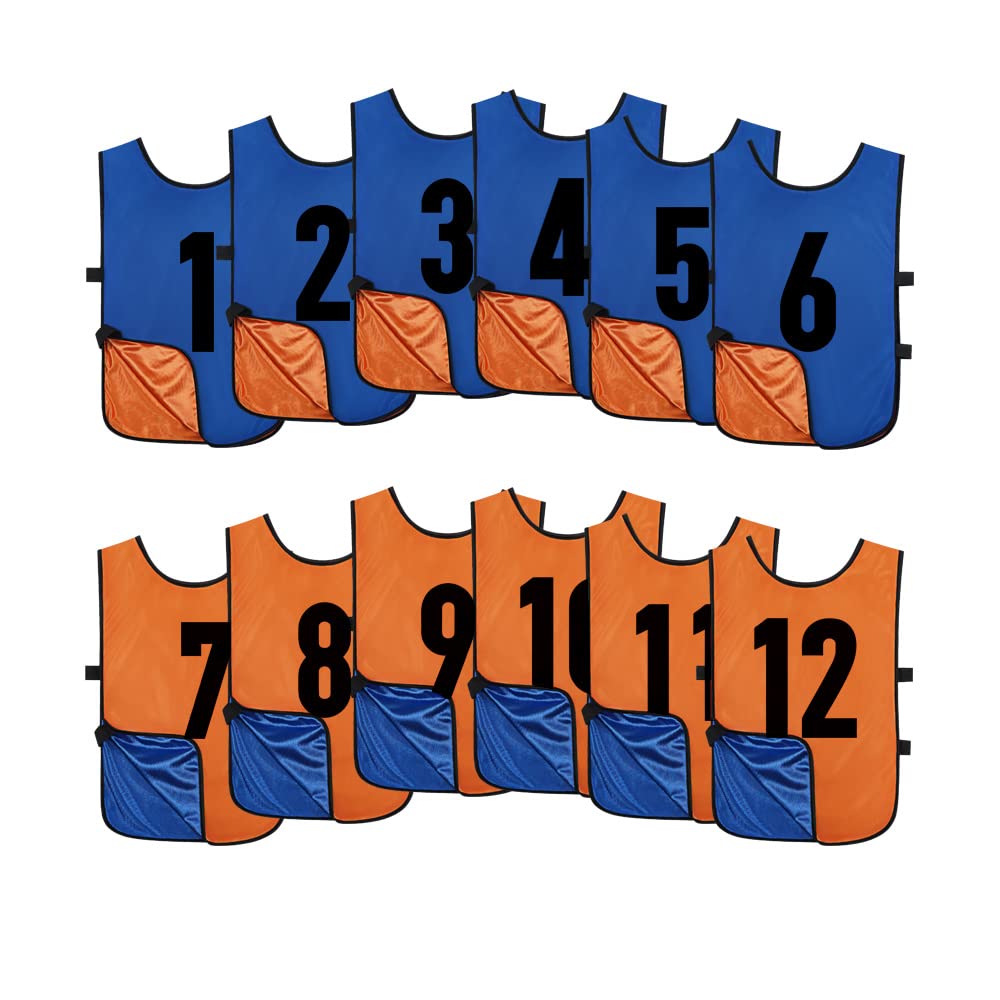 12 Pack Reversible Numbered Pinnies - Double Sided Scrimmage Vests for Kids & Adults - Team Practice Jerseys for Soccer, Basketball, Football & PE Class - Ideal for Sports Training, Gym Class & Outdoor Games