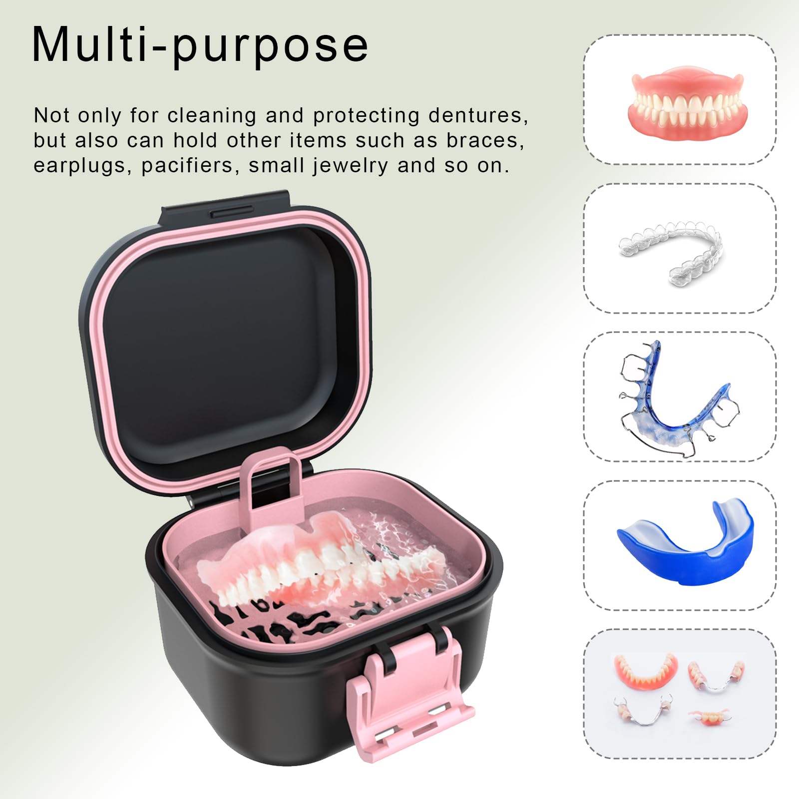 BVN Leak-Proof Denture Storage Case - Denture Soaking Cup & Retainer Cleaning Holder (Black/Pink) - Perfect for Travel, Nighttime Soaking & Denture Care at Home