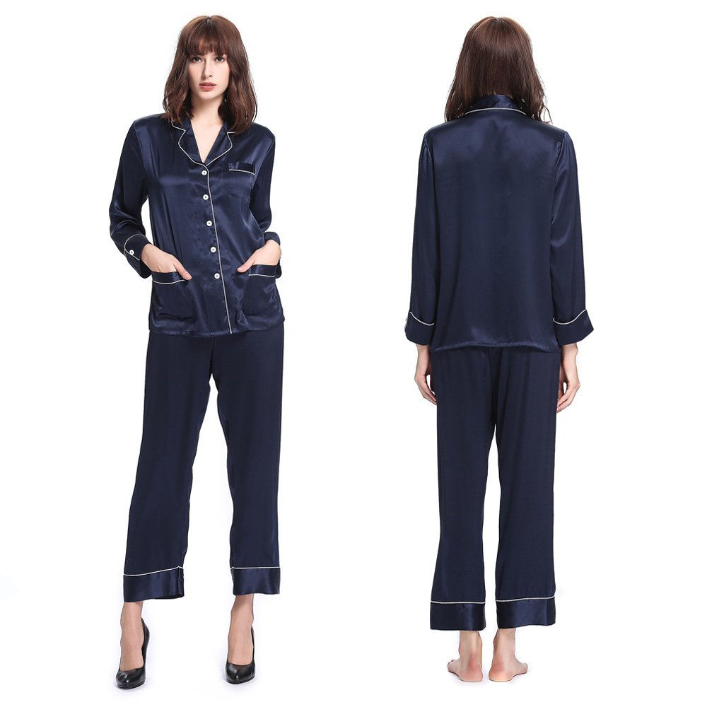 LilySilk Women's Long Sleeve Silk Pajama Set - V-Neck Notched Collar with White Trim - Luxurious Sleepwear for Women - Perfect for Nighttime Comfort, Bridal Shower Gifts & Relaxing at Home