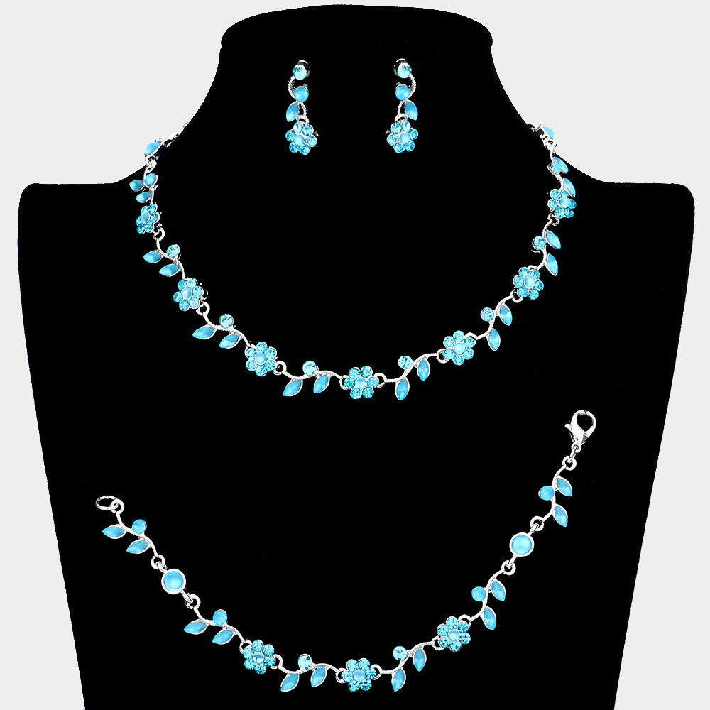 3 Piece Aqua Flower Rhinestone Jewelry Set - Elegant Necklace, Earrings & Bracelet for Women | Perfect for Homecoming, Prom, Weddings & Special Occasions