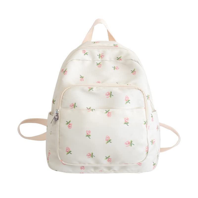 Cute Floral Backpack for Girls & Women - Kawaii Cottagecore Aesthetic School Bag, Preppy Book Bag for College, Work & Travel (Beige, One Size) - Perfect for Everyday Use, School & Outdoor Adventures