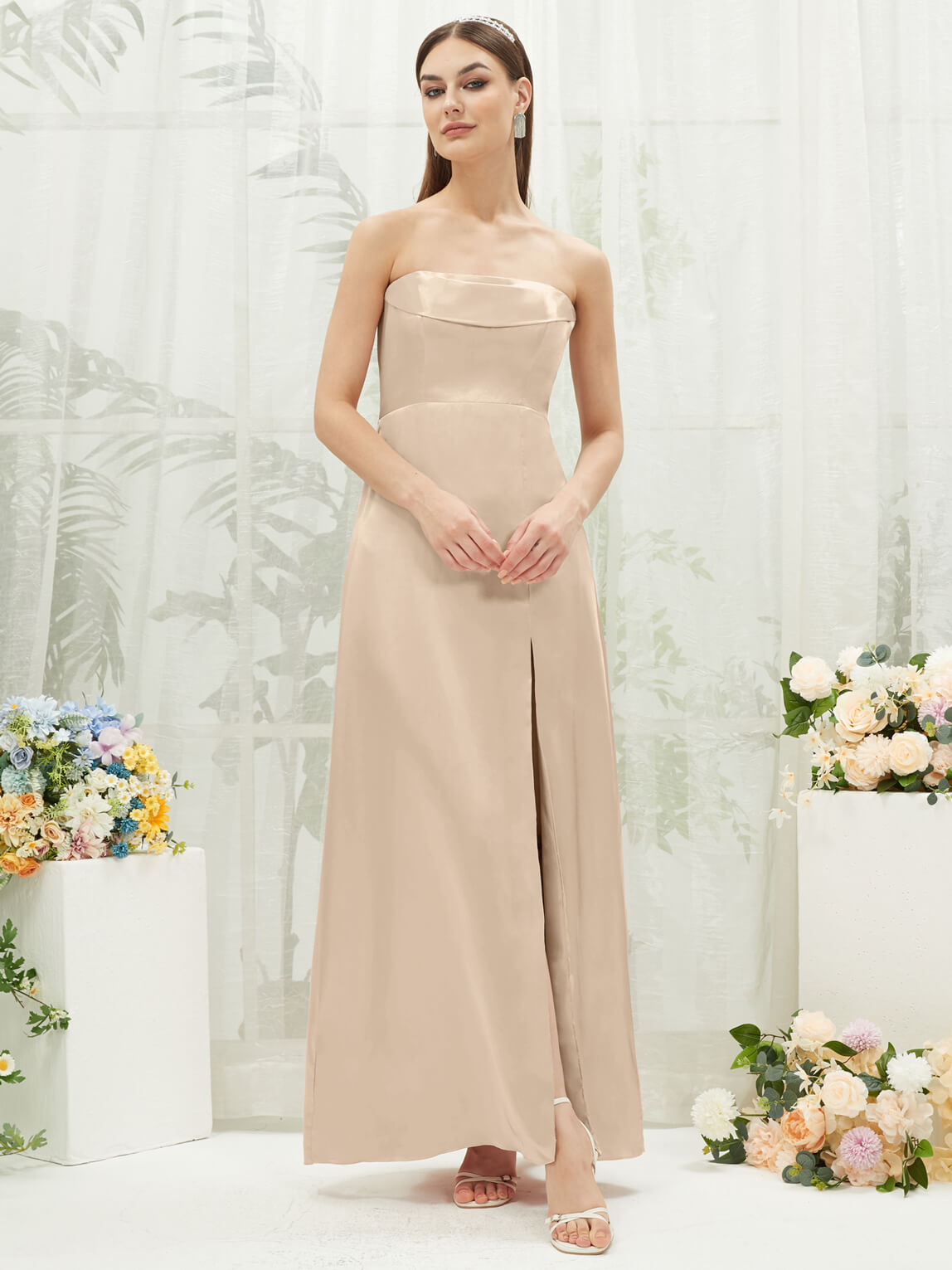 Elegant Champagne Satin Convertible Bridesmaid Dress with High Slit & Floor Length - Perfect for Weddings, Formal Events & Special Occasions