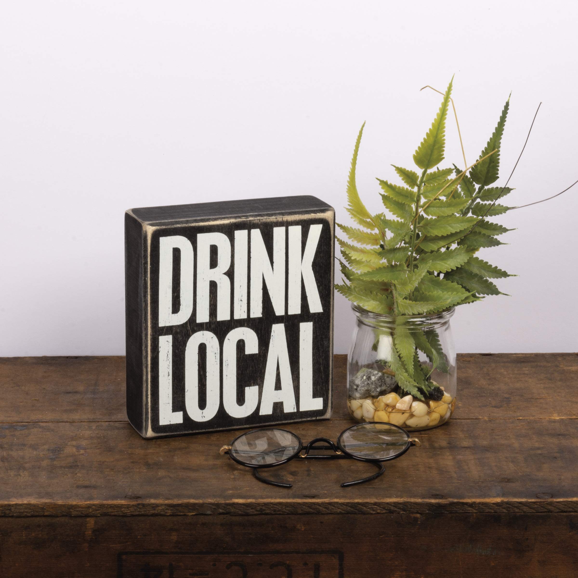 Primitives by Kathy Box Sign - Drink Local Beer & Wine Rustic Wooden Wall Decor for Home Bar, Kitchen, or Pub