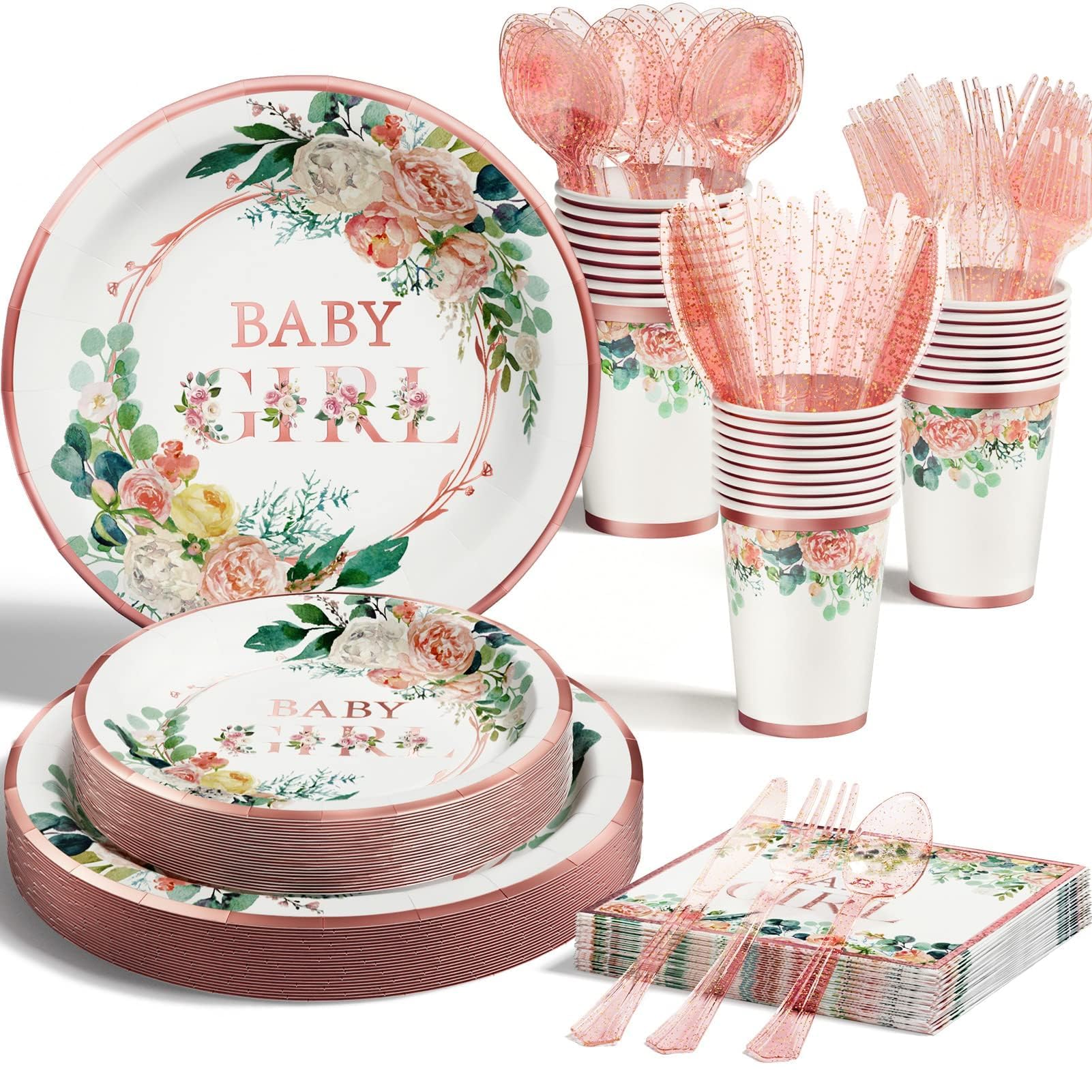 175PCS Floral Baby Shower Party Supplies Set - Rose Gold Disposable Dinnerware for Girls (25 Guests) | Includes Plates, Cups, Napkins, Forks, Knives & Spoons | Perfect for Baby Girl Birthday & Bridal Showers