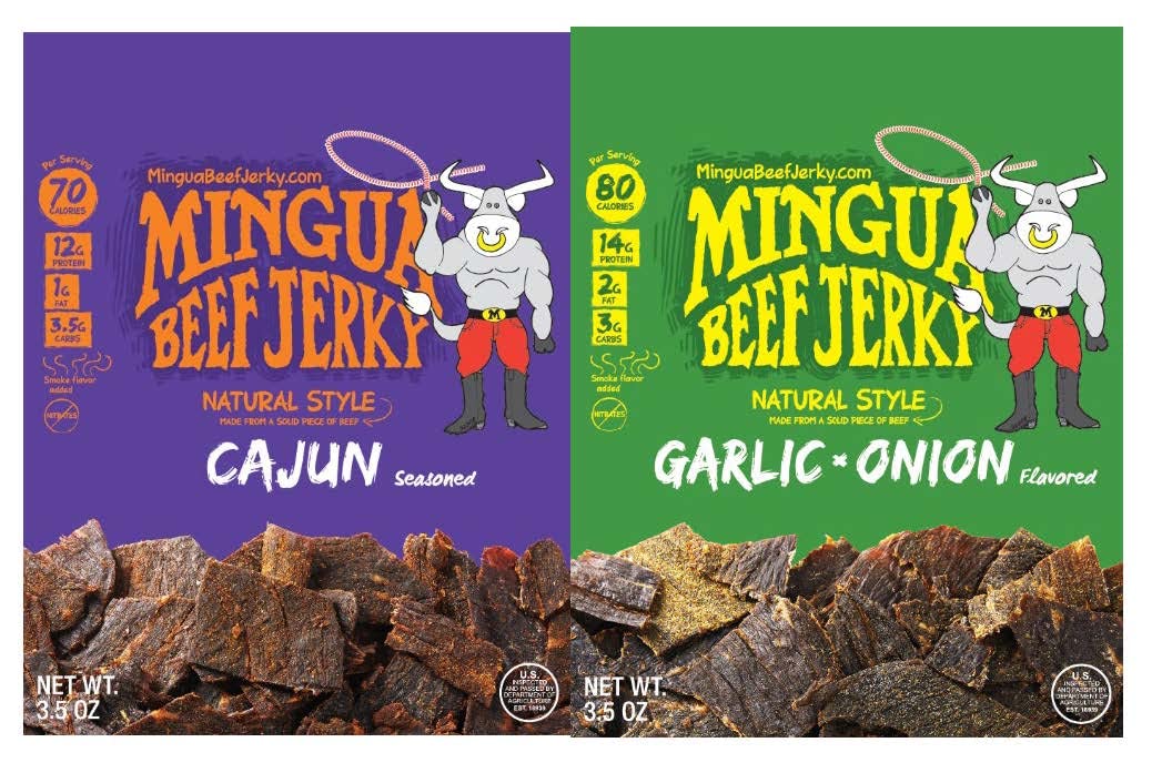 Mingua Beef Jerky - Cajun & Garlic Onion Flavors, 3.5oz & 14oz Packs | High Protein Snack for Camping, Hiking & Road Trips