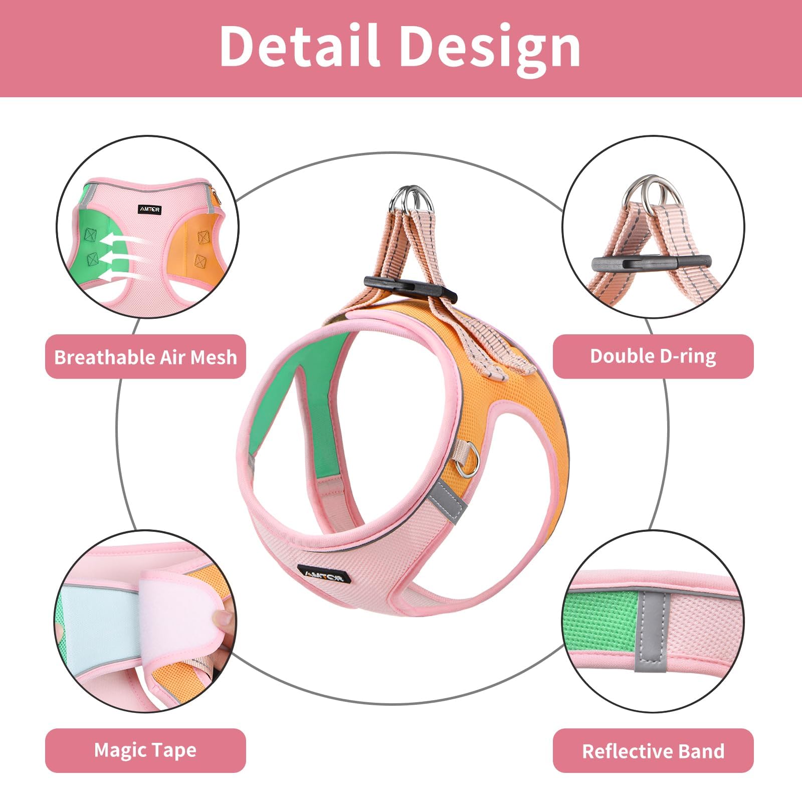 AMTOR Small Dog Harness with Leash Set - No Escape Easy Walk Puppy Harness for Training & Walking - Step-in Reflective Soft Dog Vest for XS, S, M, L Sizes (Pink/Orange) - Perfect for Outdoor Adventures, Night Walks & Puppy Training Sessions