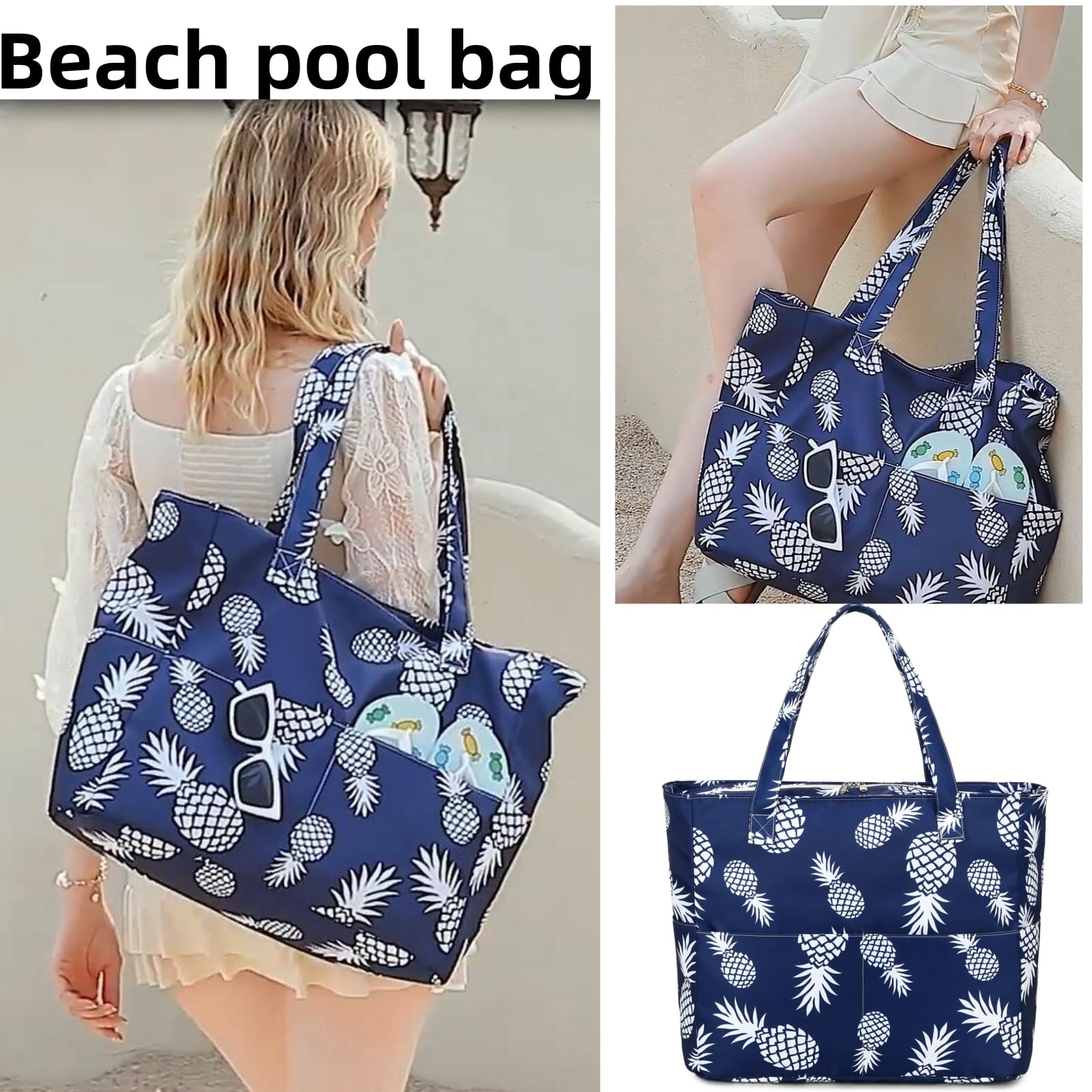 LEDAOU Large Waterproof Beach Tote Bag for Women - Sandproof Zippered Pool & Gym Bag with Wet Pocket - Perfect for Beach, Travel, Shopping & Grocery Trips