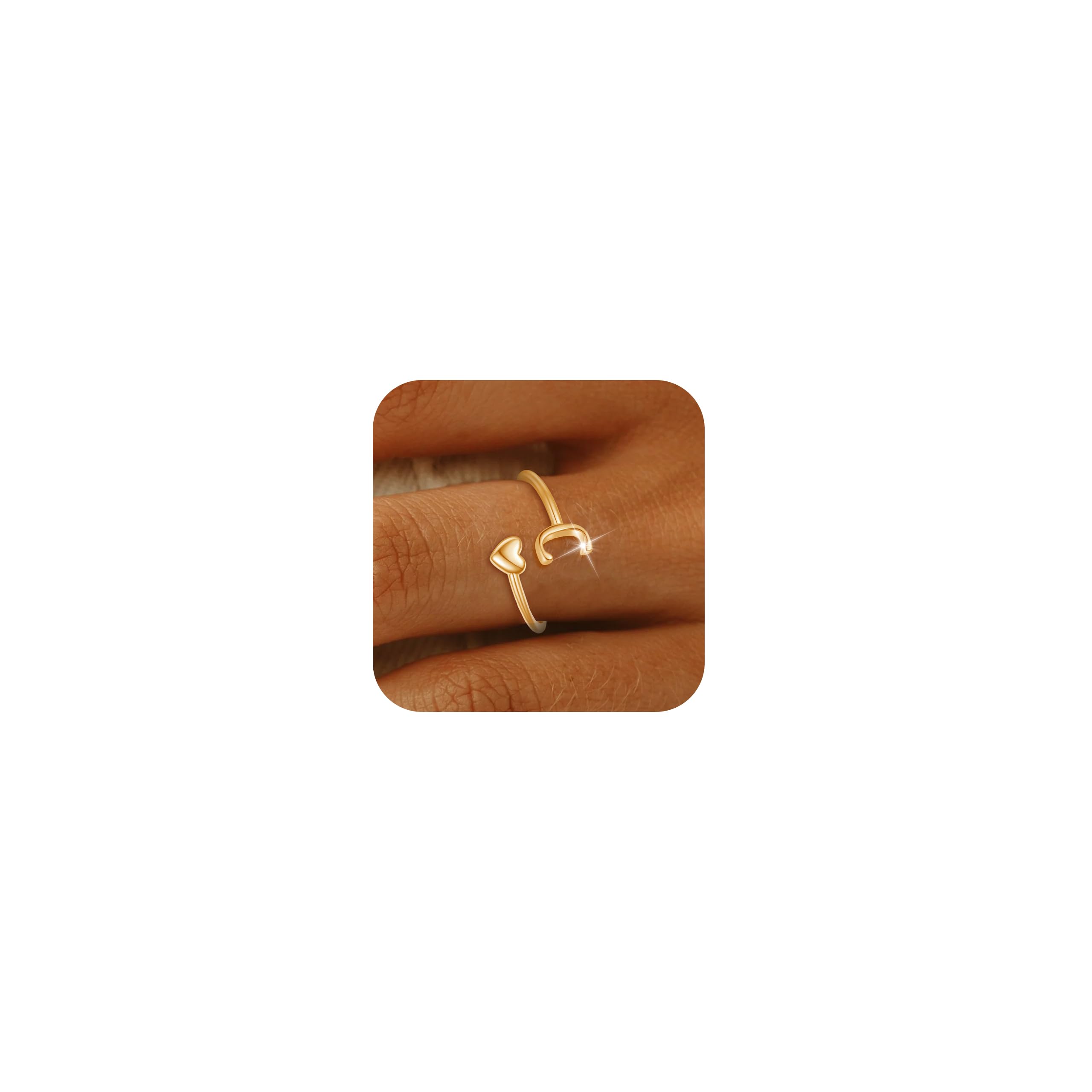 Personalized Gold Initial Rings for Women - Non-Tarnish Adjustable Heart Letter Rings, Stackable Alphabet Pinky Rings - Trendy Birthday Jewelry Gifts for Her - Perfect for Everyday Wear, Stacking, and Personalized Gift Giving