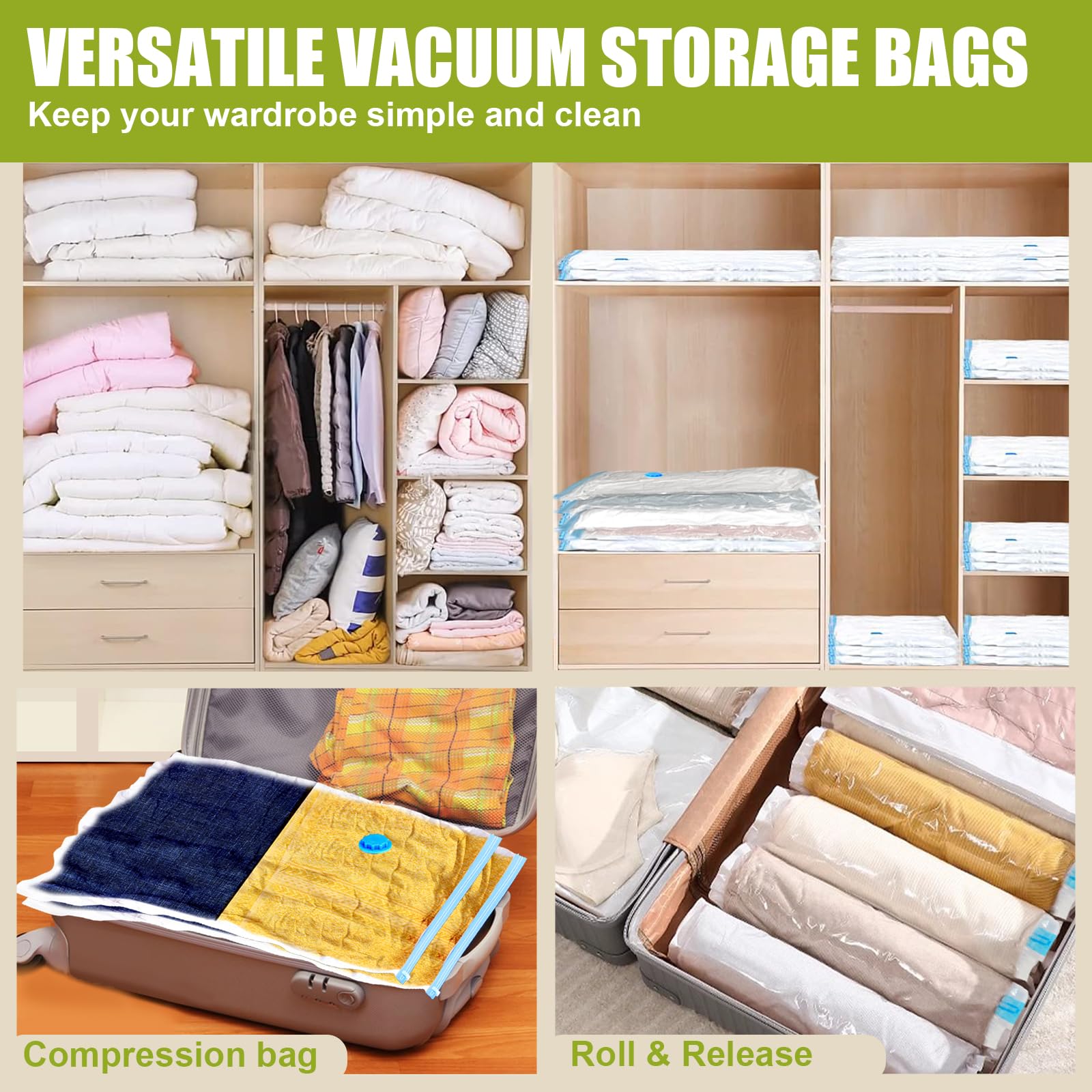 7-Pack Jumbo Vacuum Storage Space Saver Bags | Compressed Sealer Bags for Clothes, Comforters, Beddings & Blankets | Includes Hand Pump | Perfect for Seasonal Storage, Travel & Home Organization
