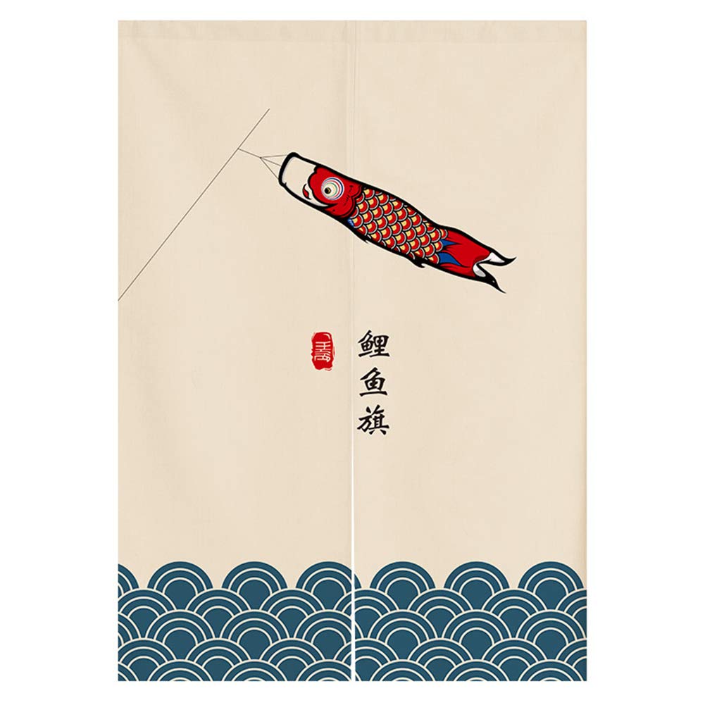 Japanese Noren Door Curtain - Traditional Koinobori & Wave Ukiyoe Tapestry, 33 x 47 Inches, Room Divider & Home Decor for Living Room, Bedroom, or Entryway
