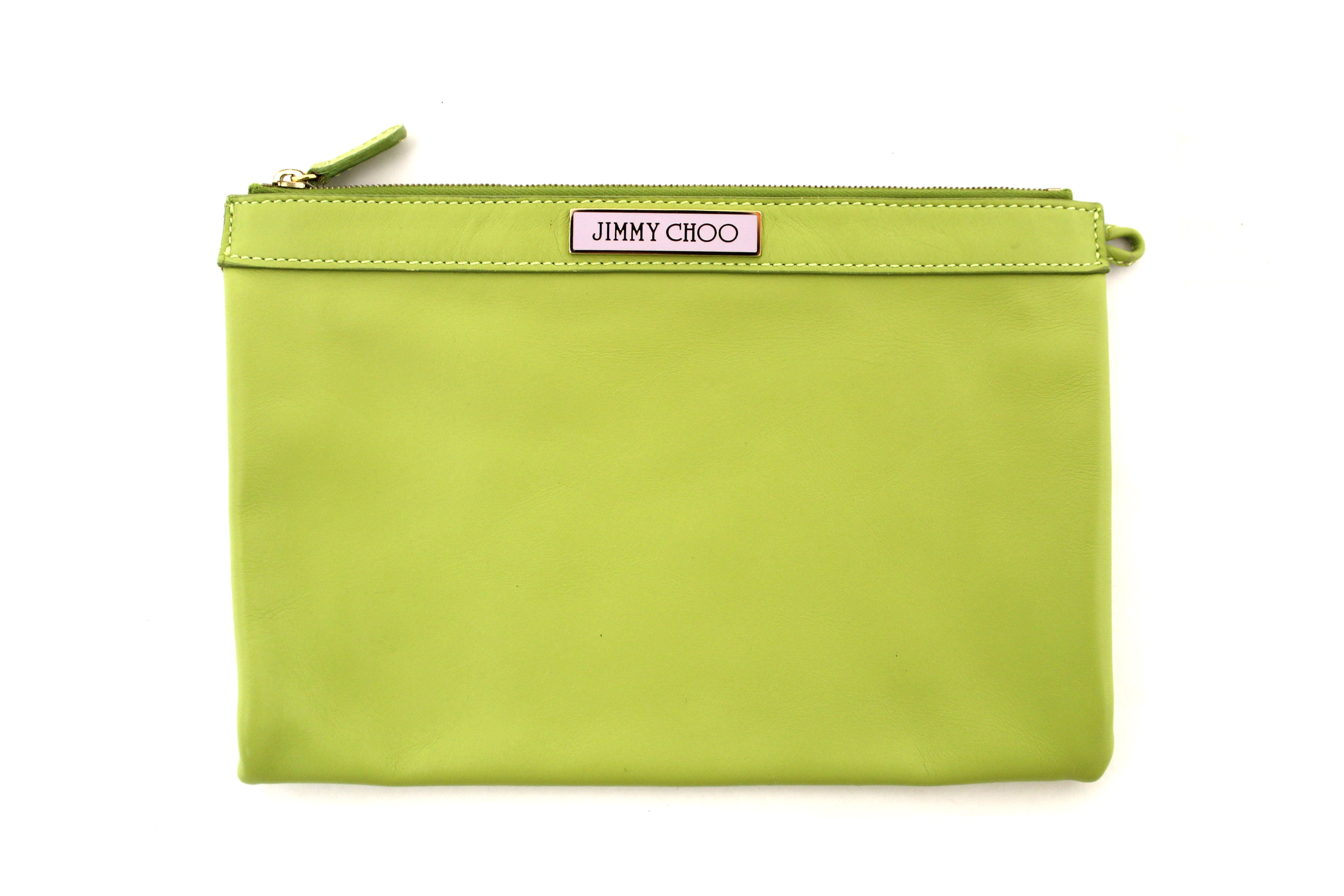 Authentic Jimmy Choo Lime Green Leather Zipper Pouch - Luxury Cosmetic Bag & Travel Organizer for Women | Perfect for Makeup, Jewelry & Essentials Storage