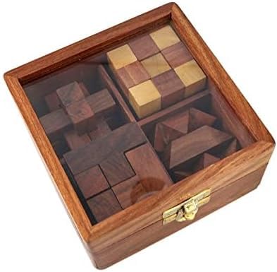 Premium 3D Wooden Puzzle Box Set - 4 Challenging Brain Teaser Games for Adults, IQ Test & Logic Training | Unique Interlocking Wooden Toys for Home Office Decor, Rustic Patio Gift (5x5x2.4 Inch) - Perfect for Stress Relief, Family Game Nights & Cognitive Development