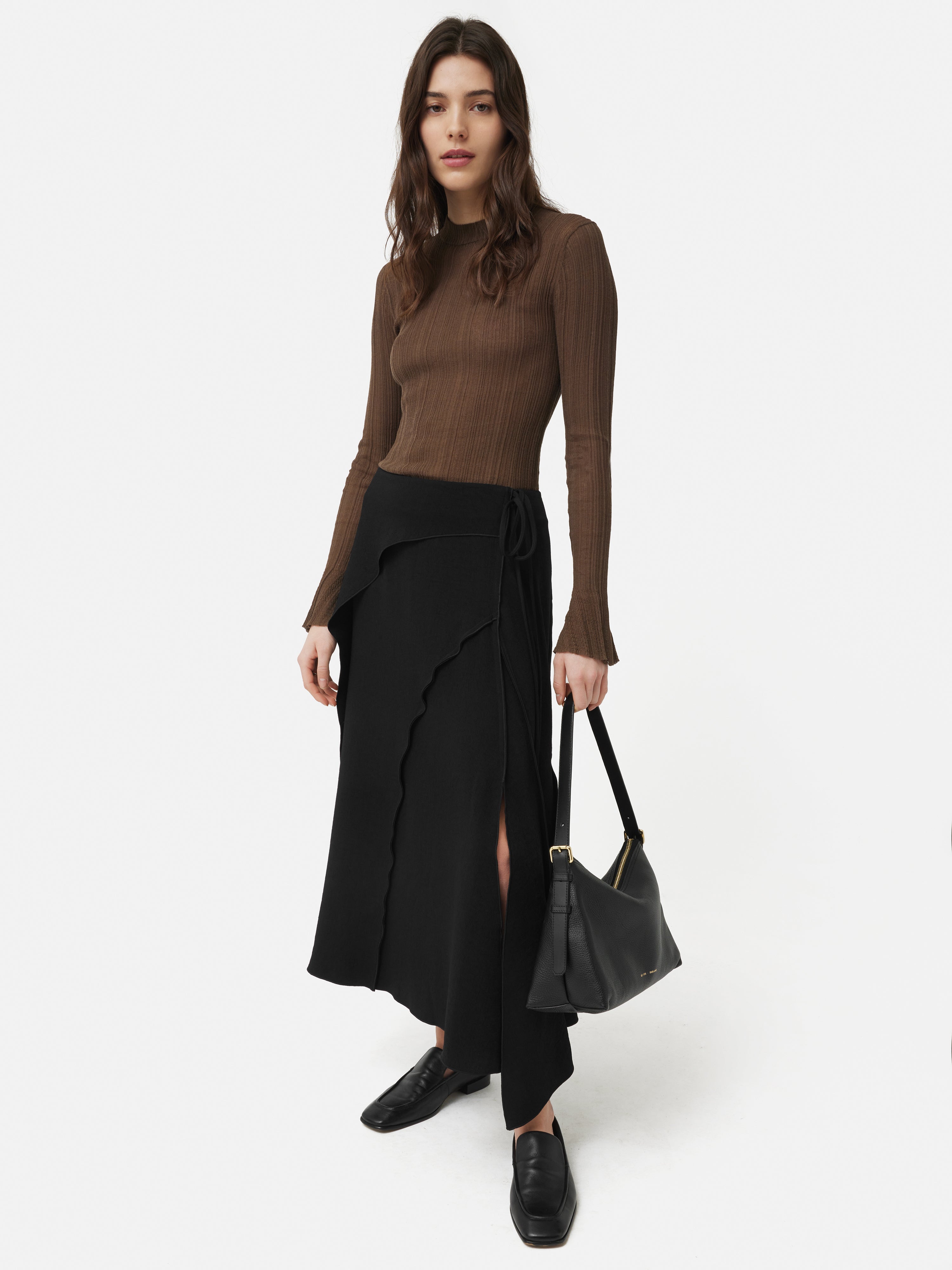 Japanese Crepe Seamed Skirt for Women - Elegant Black Flowy Midi Skirt | Perfect for Office Wear, Date Night & Casual Outfits