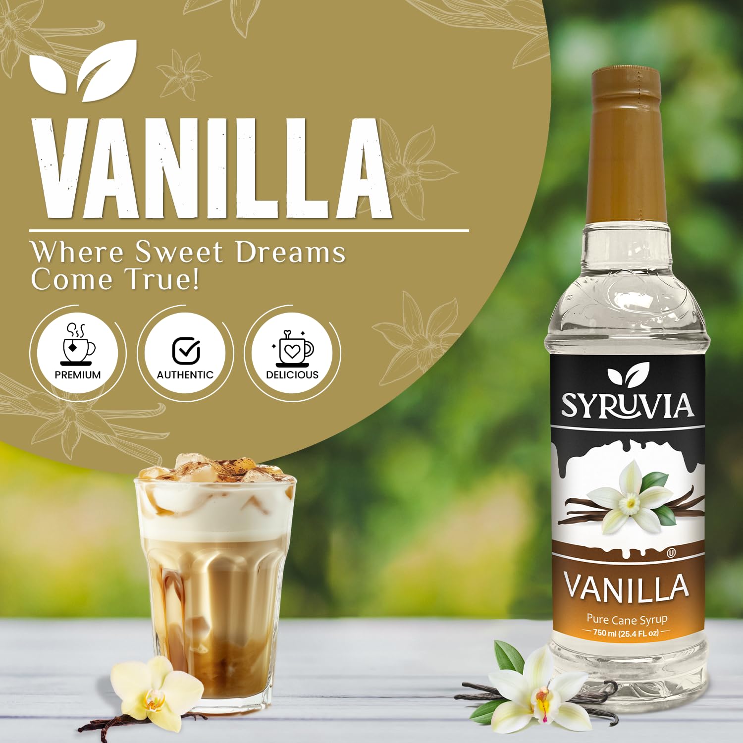 Premium Vanilla Syrup for Coffee - Barista Style, 25.4 fl oz (750ml) - Sweet Vanilla Flavor Coffee Syrup for Lattes, Cappuccinos, Iced Coffee & Baking - By Syruvia