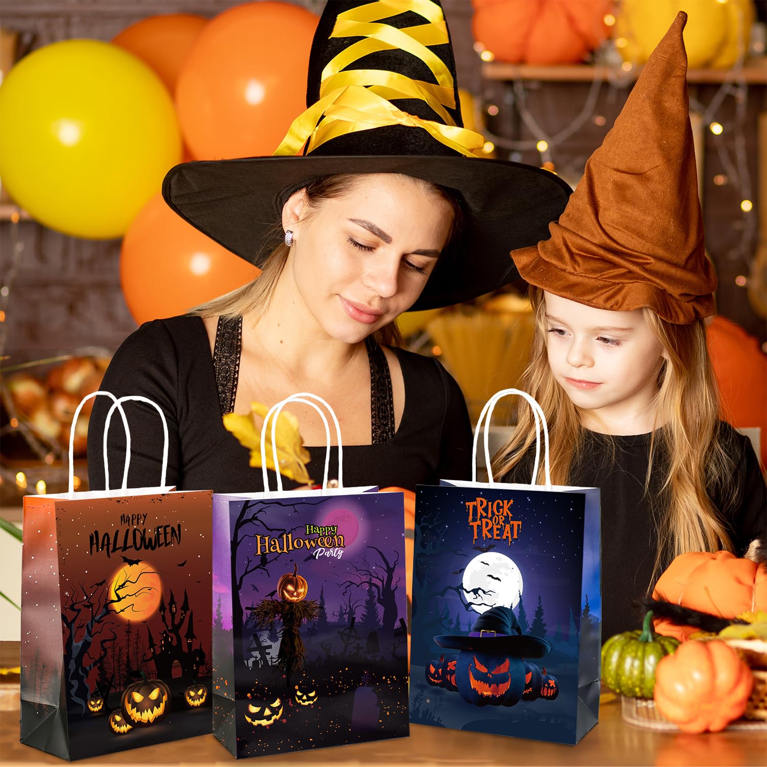 BLEWINDZ 24Pcs Halloween Gift Bags with Tissues - Orange & Black Treat Bags with Handles for Trick or Treat, Halloween Party Favors - Perfect for Kids & Adults Halloween Celebrations, Classroom Treats & Candy Distribution
