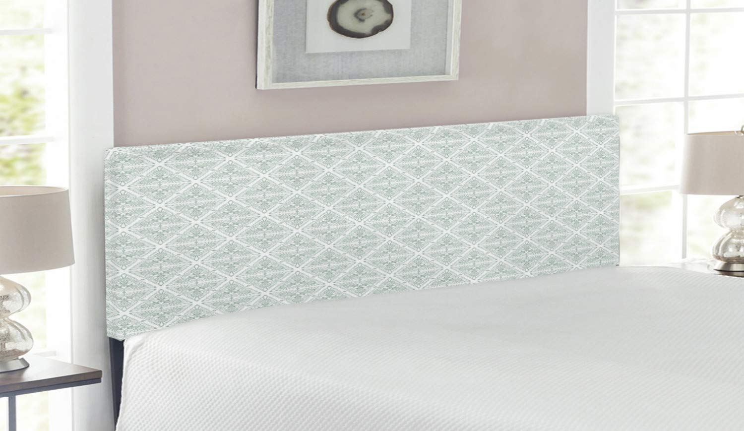 Ambesonne Vintage Upholstered Headboard - Queen Size Floral Art Nouveau Design with Memory Foam, Renaissance Inspired Pale Sage Green & White Metal Bed Frame - Perfect for Master Bedroom, Guest Room & Bohemian Home Decor