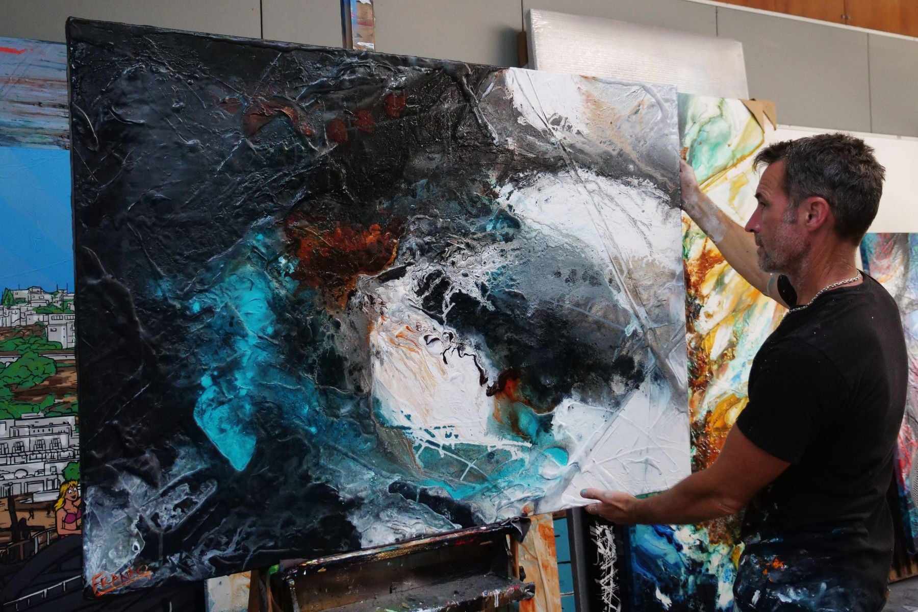 Rusted Aqua 140cm x 100cm Aqua Black Textured Abstract Canvas Art - Modern Wall Decor for Living Room, Bedroom & Office
