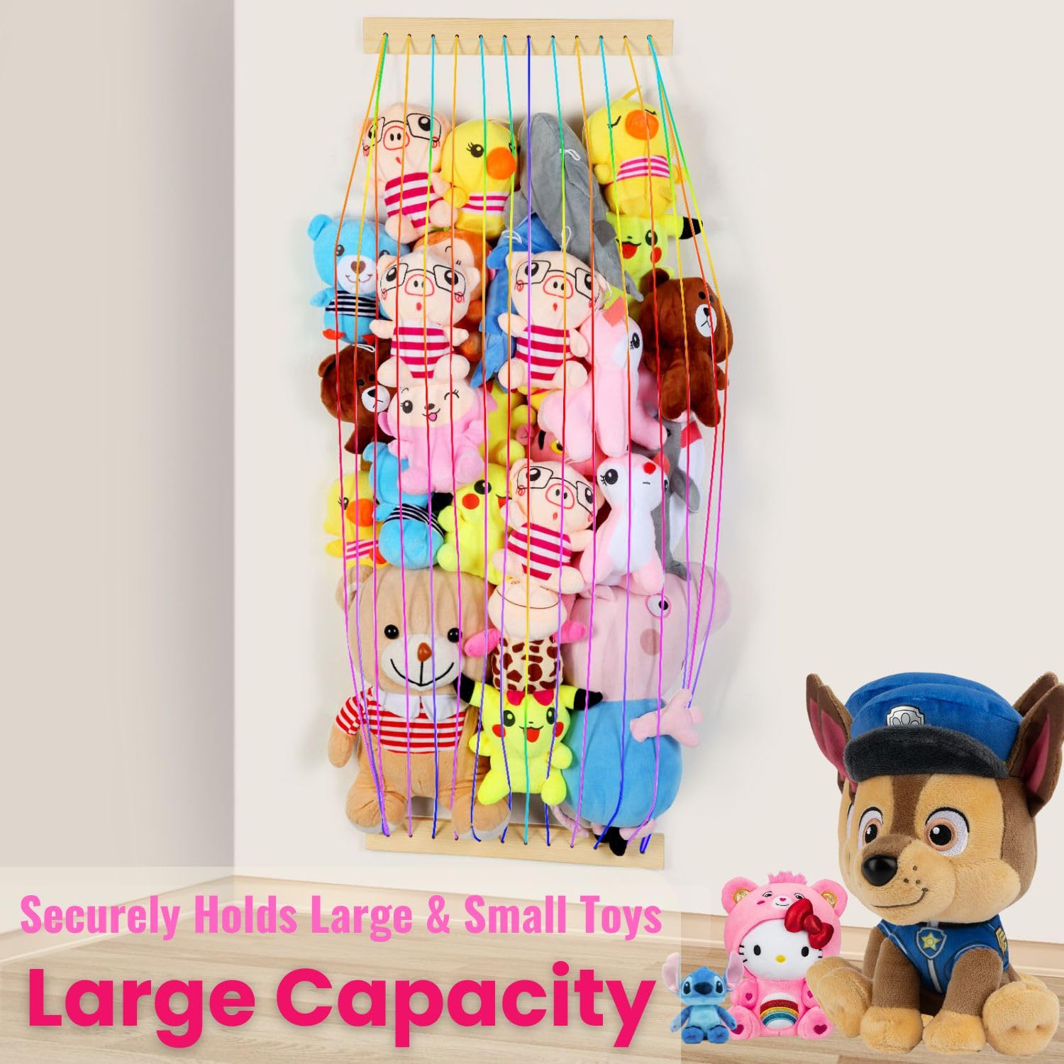 Adjustable Wall Mount Stuffed Animal Storage Organizer for Kids Room - Durable Wooden Toy Shelf with Rainbow Design, Perfect for Nursery, Playroom & Bedroom Decor - Patent Pending