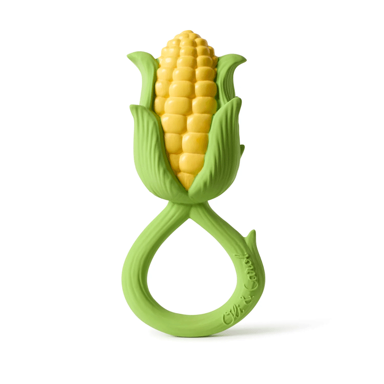 Organic Corn Baby Rattle & Teether Toy by Oli and Carol - Natural Wooden Sensory Toy for Infants 0-12 Months, Perfect for Soothing Teething Pain & Early Development Playtime at Home or On-the-Go