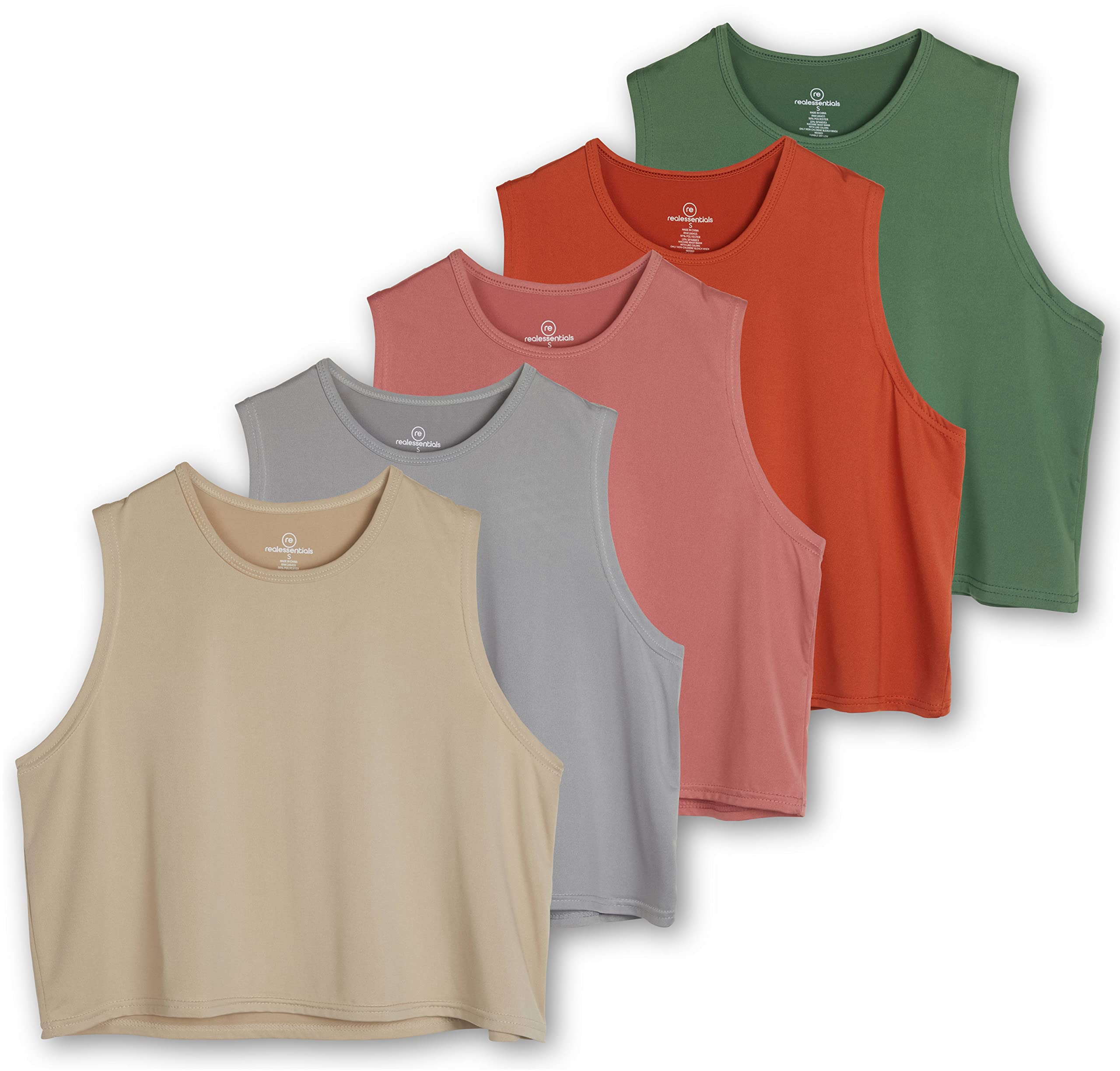 Real Essentials 5 Pack Women's Dry Fit Crop Summer Tank Tops - Breathable Moisture Wicking Gym Yoga Workout Sports Tees for Women (Plus Size Available) - Perfect for Running, Fitness Training & Casual Summer Wear