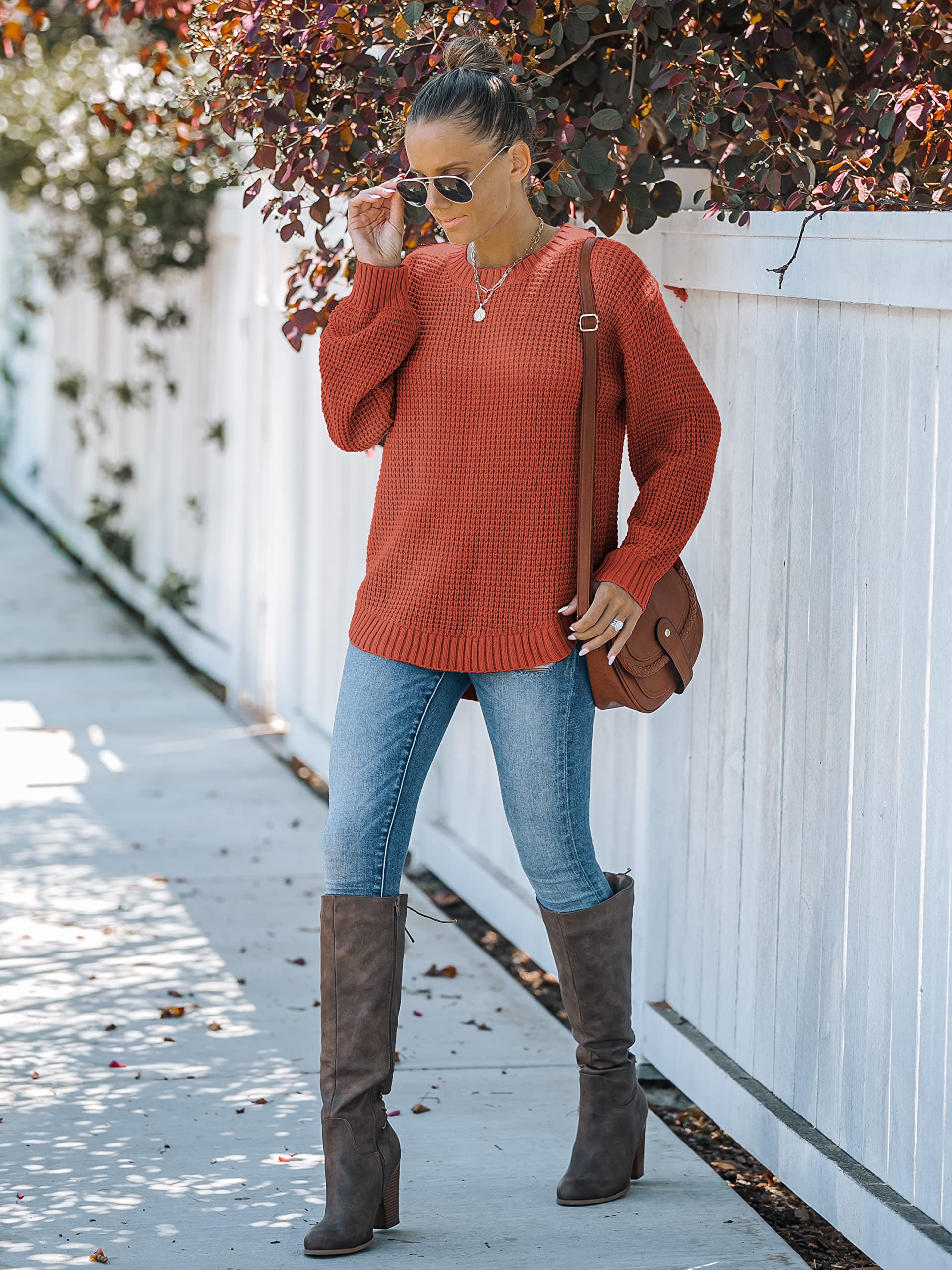 MEROKEETY Women's 2024 Fall Waffle Knit Sweater - Long Balloon Sleeve Loose Pullover Jumper | Cozy Casual Knitwear for Autumn Outfits, Office Wear & Weekend Relaxation
