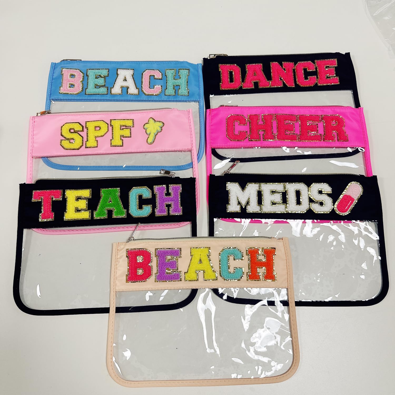 Personalized Teacher Appreciation Gifts - Clear Makeup Pouch with Chenille Letter Patches, Zipper Pencil Case for Women - Perfect for Graduation, Retirement & Birthday (Teach-Black) | Ideal for School Supplies, Cosmetics Storage & Everyday Use