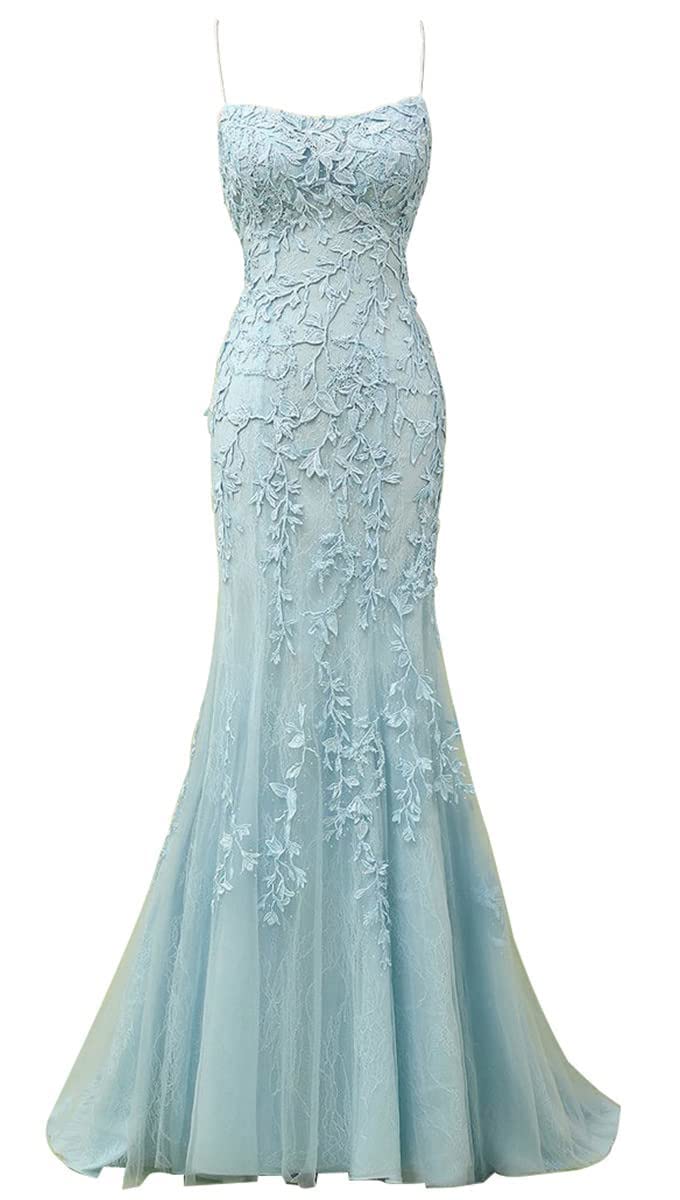 Elegant Women's Spaghetti Strap Mermaid Prom Dress with Lace Applique & Tulle - Backless Formal Evening Gown for Homecoming, Wedding, Party | Plus Size Options Available