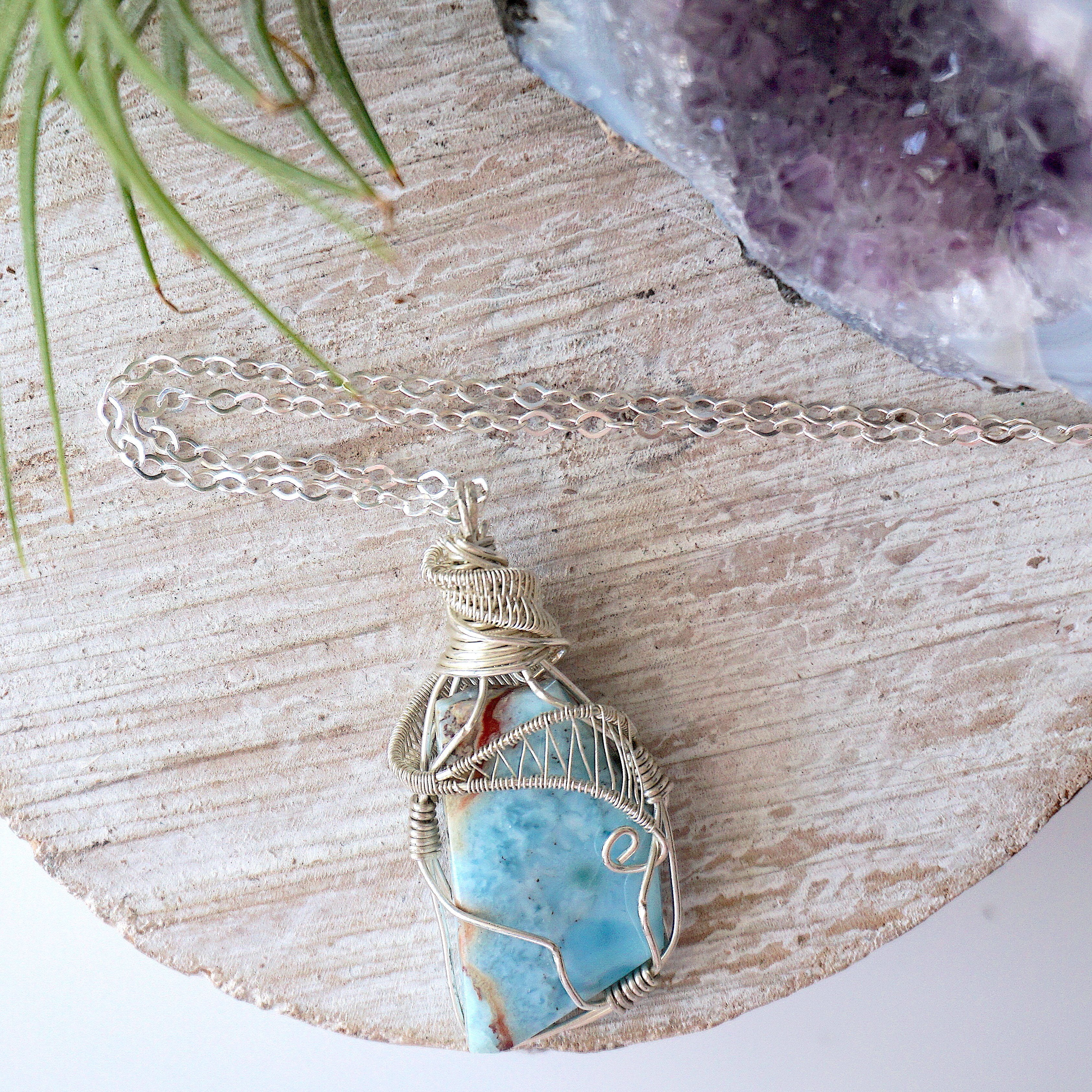 Natural Raw Larimar Crystal Pendant Necklace - 925 Sterling Silver Jewelry for Women - Healing Stone Gift for Birthdays, Meditation & Spiritual Protection