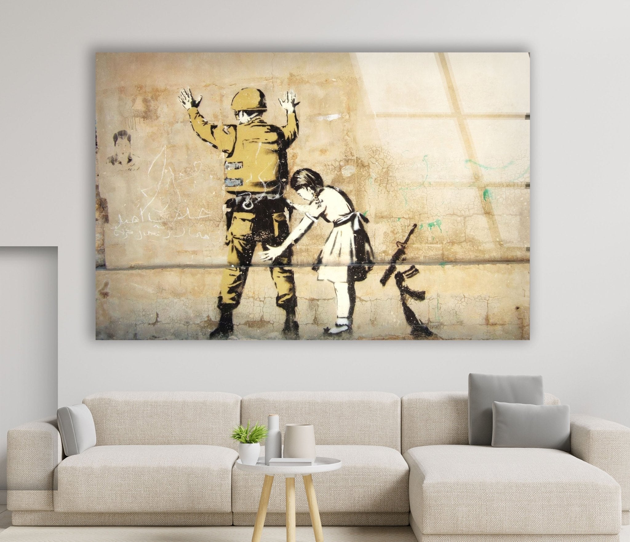 Banksy Girl Frisking Soldier Glass Wall Art - Stunning Home Decor for Living Room, Office & Gifts | Modern Framed Glass Print