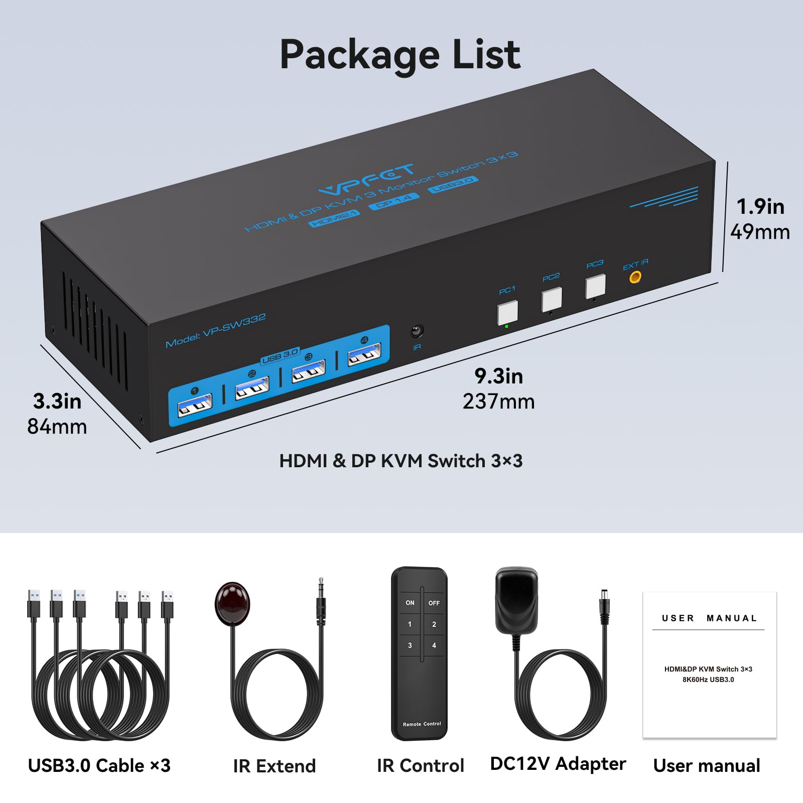 8K 4K 144Hz HDMI KVM Switch with 2 DisplayPort - Triple Monitor Support for 3 Computers, USB 3.0 Hub, Extended/Copy Mode - Perfect for Multi-Tasking, Gaming, and Office Workstations