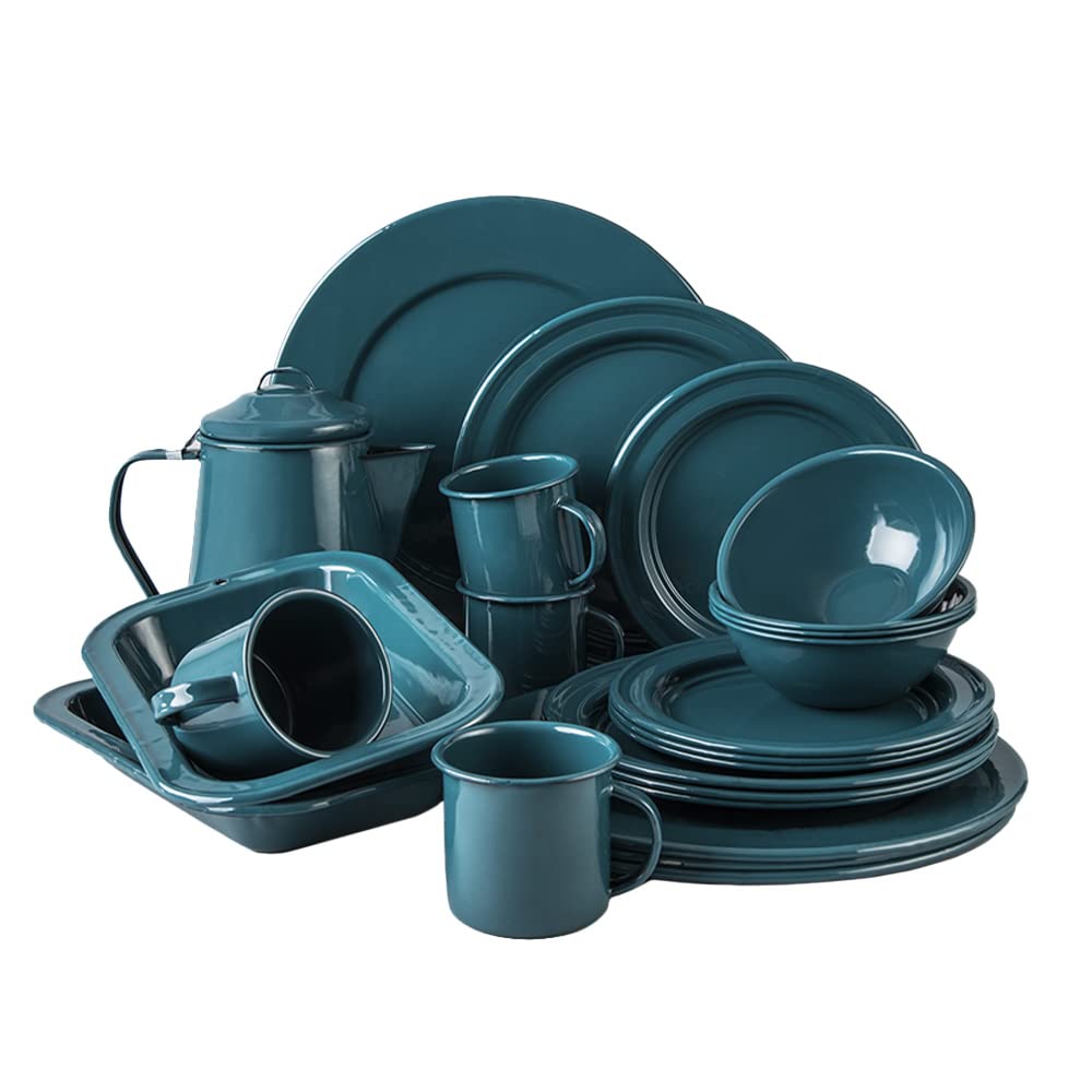Cinsa 23-Piece Enameled Dinnerware Set for 4 - Camping & Outdoor Plates, Bowls, Mugs & Coffee Boiler - Durable, Easy Clean, Fire-Resistant Green Tableware - Perfect for Picnics, RV Trips & Backpacking Adventures