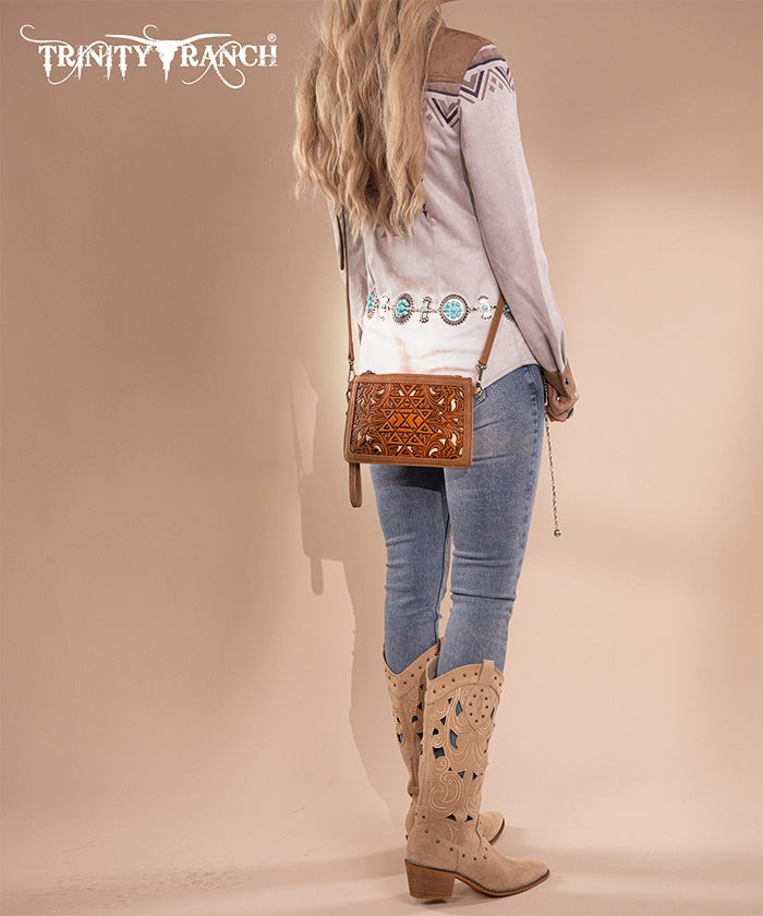 Trinity Ranch Aztec Tooled Leather Wristlet - Stylish Crossbody Wallet for Women | Perfect for Shopping, Travel & Everyday Use