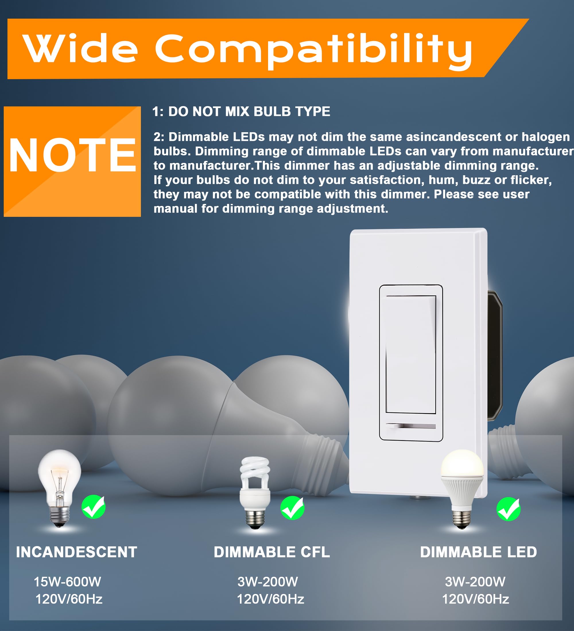10 Pack Cloudy Bay 3-Way/Single Pole Dimmer Switch - Compatible with 150W LED/CFL & 600W Incandescent/Halogen Lights - Includes Wall Plates - Perfect for Home Lighting Control in Bedrooms, Living Rooms & Hallways