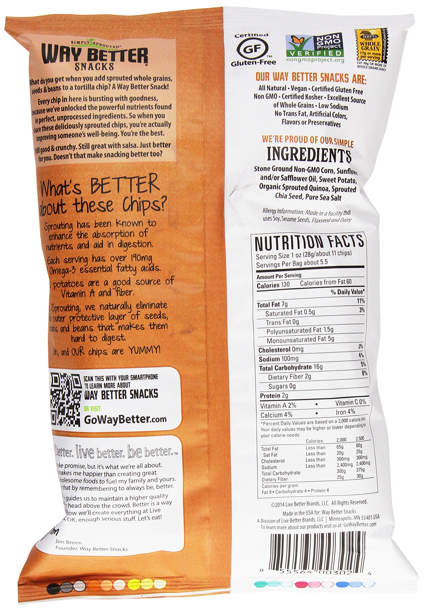 Way Better Snacks Sweet Potato Tortilla Chips - Gluten Free, Non-GMO, Vegan Snack - 5.5oz Bag - Perfect for Parties, Lunchboxes & Healthy Snacking