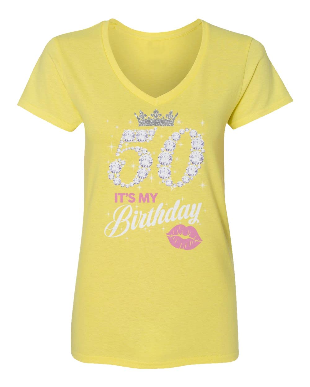 50th Birthday Kiss Queen V-Neck T-Shirt for Women - Yellow Large Size | Fun Birthday Party Outfit & Gift Idea