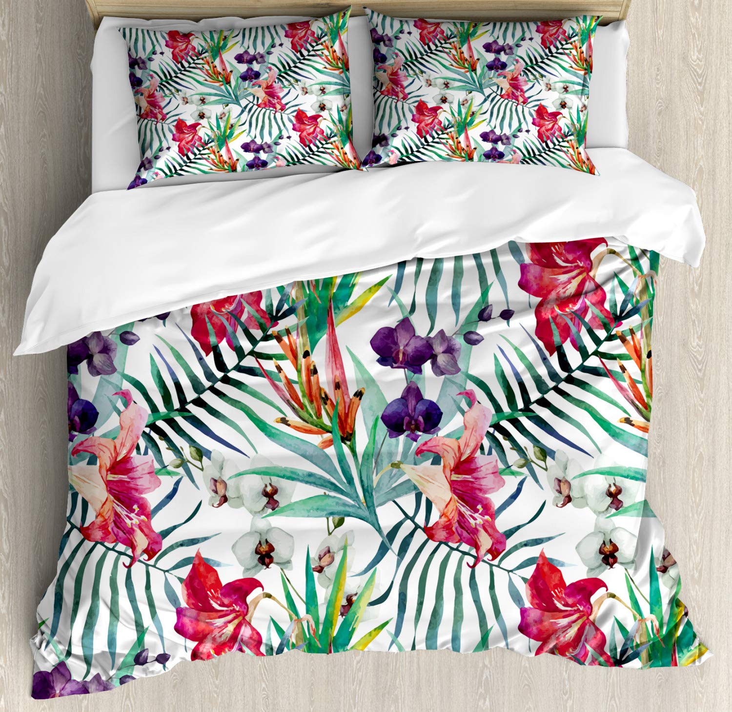 Ambesonne Floral Duvet Cover Set | Watercolor Tropical Exotic Foliage Bedding | Vibrant Hawaiian Summer Design | 2 Duvet Covers + 4 Pillowcases | 2-Pack California King Size in Sage Green | Perfect for Beach House, Boho Bedroom & Tropical Vacation Decor