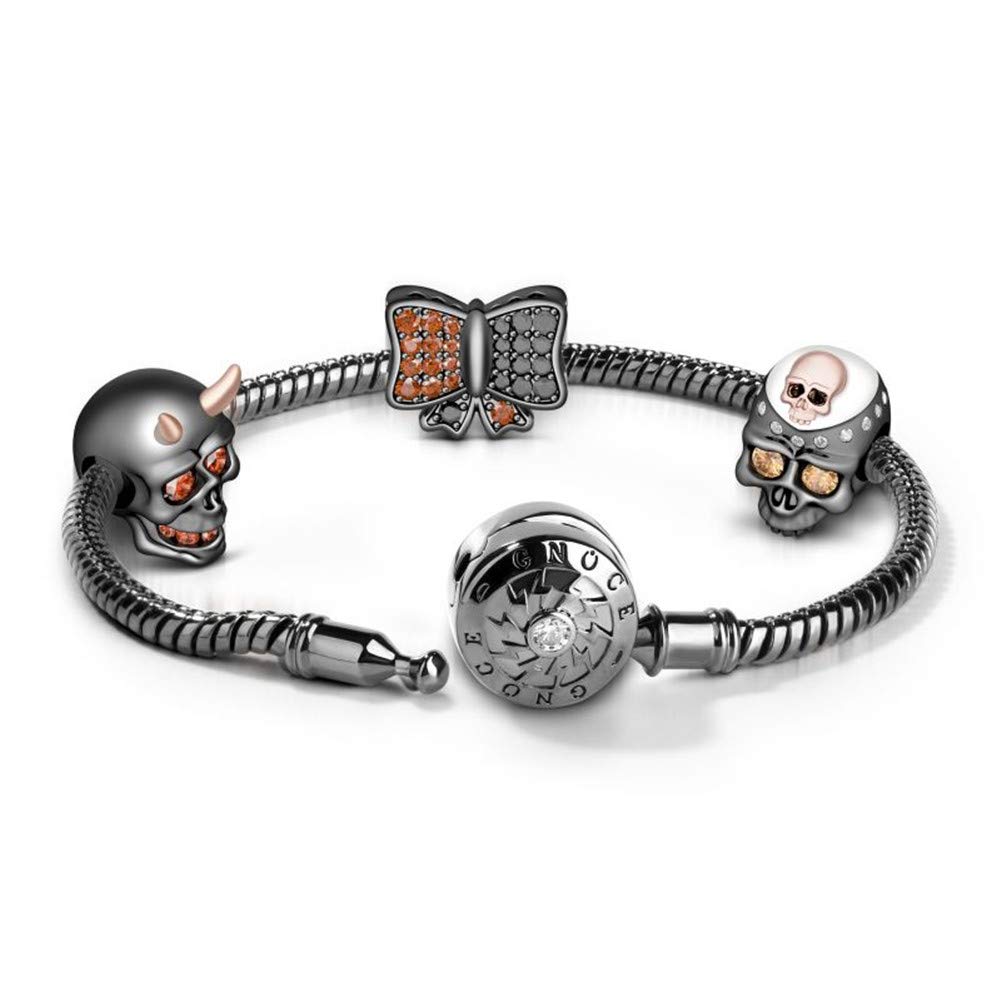 GNOCE Sterling Silver Black Plated Snake Chain Charm Bracelet with 3 Unique Skull Charms - Gothic Halloween Jewelry for Women & Men - Perfect for Parties, Costumes & Everyday Wear