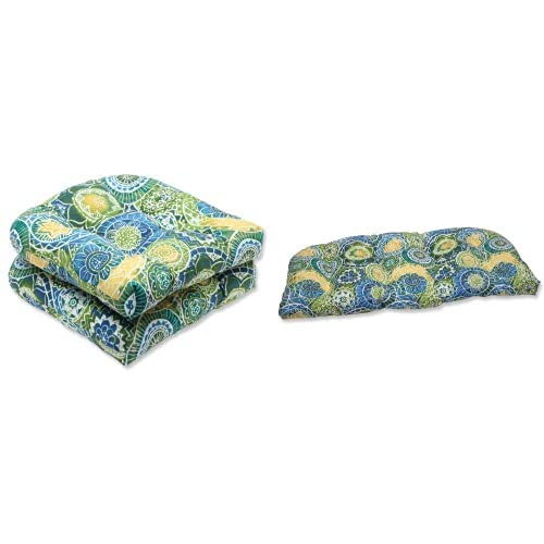 Pillow Perfect Omnia Lagoon Tufted Round Back Seat Cushion 19x19 Inch & Loveseat Cushion 44x19 Inch - Indoor/Outdoor Waterproof Blue Patio Furniture Cushions for Garden, Deck, Poolside, and Porch