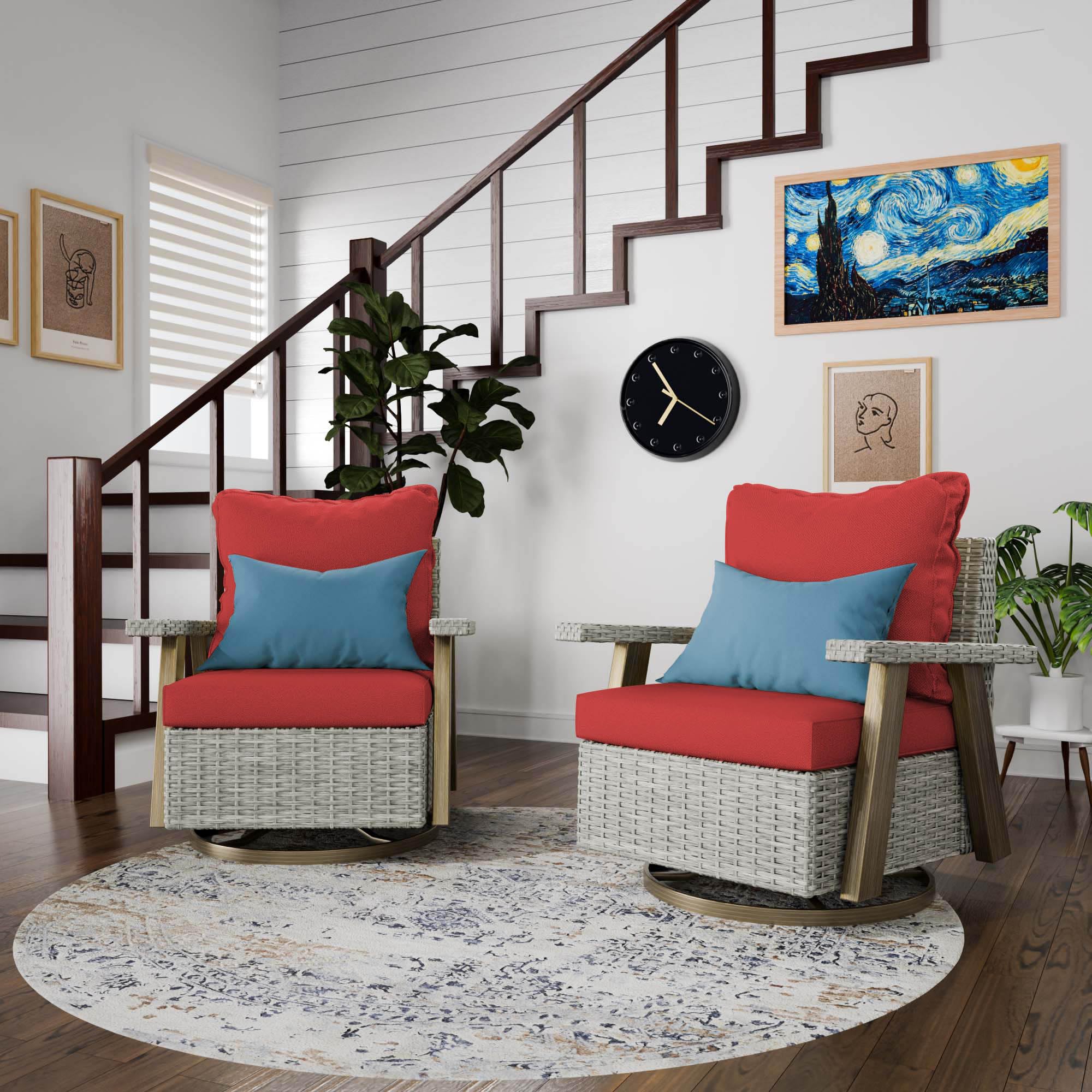 2-Piece Outdoor Swivel Rocking Chair Set - Rattan Wicker Patio Furniture with Cushion for Porch, Deck, Balcony & Garden (Red) | Perfect for Relaxing, Entertaining & Outdoor Conversations
