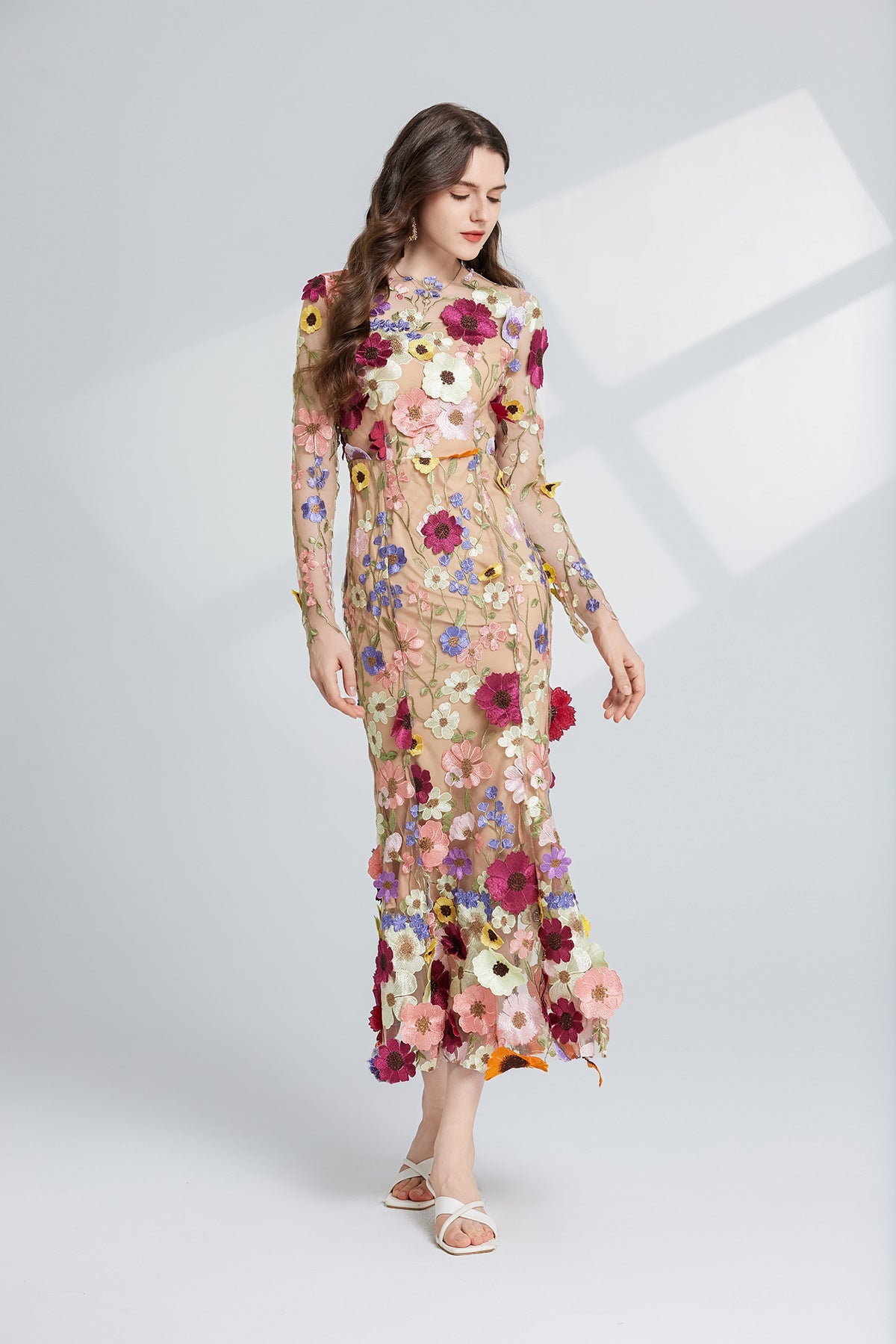 CAROL Brown Floral Embroidered Mesh Long Sleeve Midi Dress for Women - Elegant Party, Wedding Guest & Spring Occasion Wear